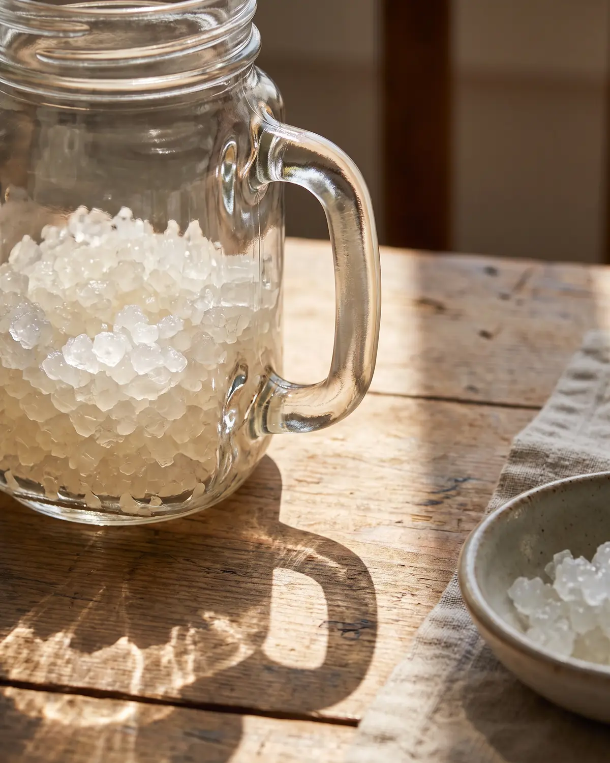 tibicos per kefir Luce che attraversa l’ansa di un barattolo di vetro con grani cristallini riflessi in ombra morbida