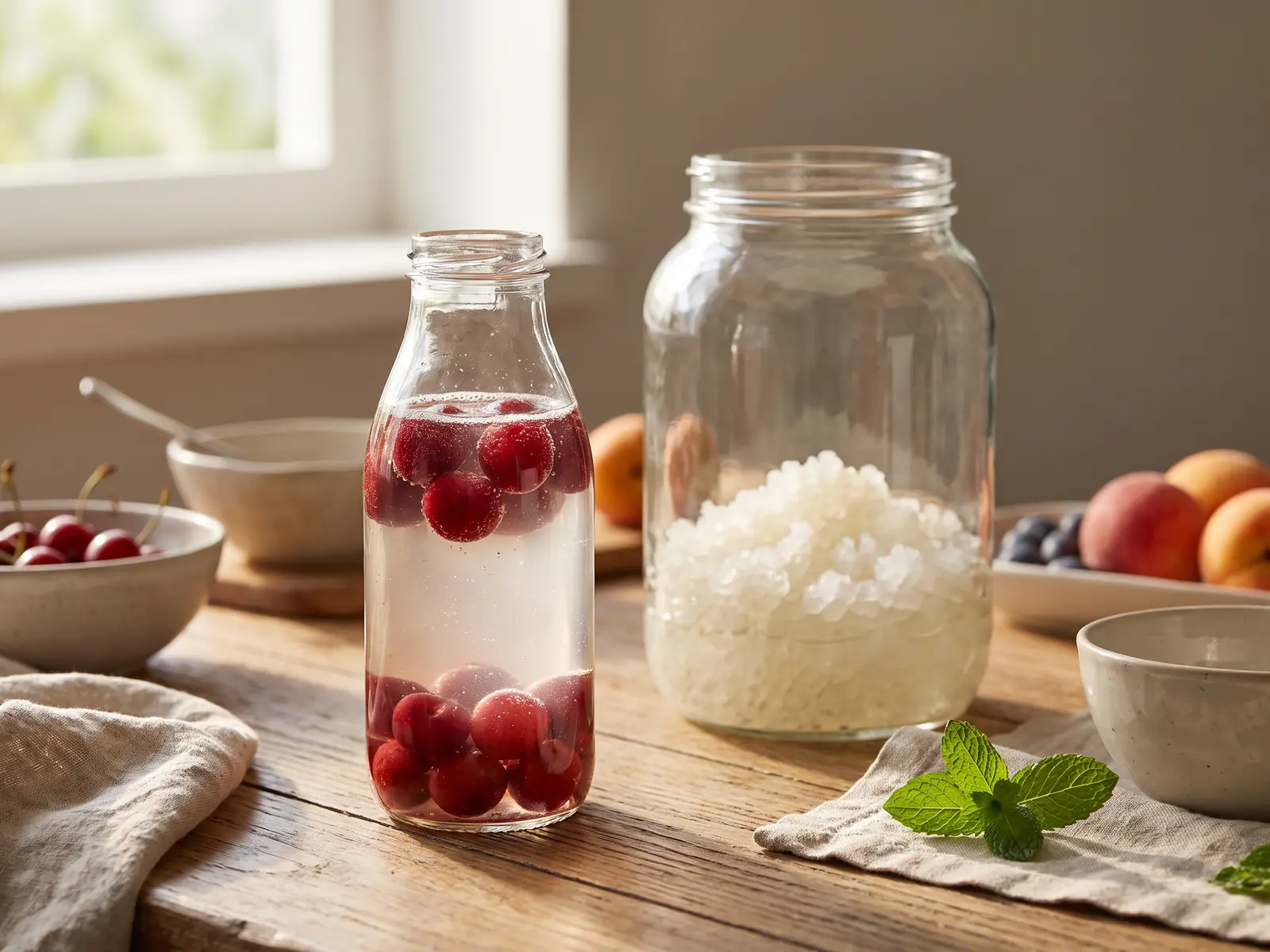 come fare kefir di acqua Bottiglia di kefir d’acqua con ciliegie in seconda fermentazione e barattolo di coltura sullo sfondo