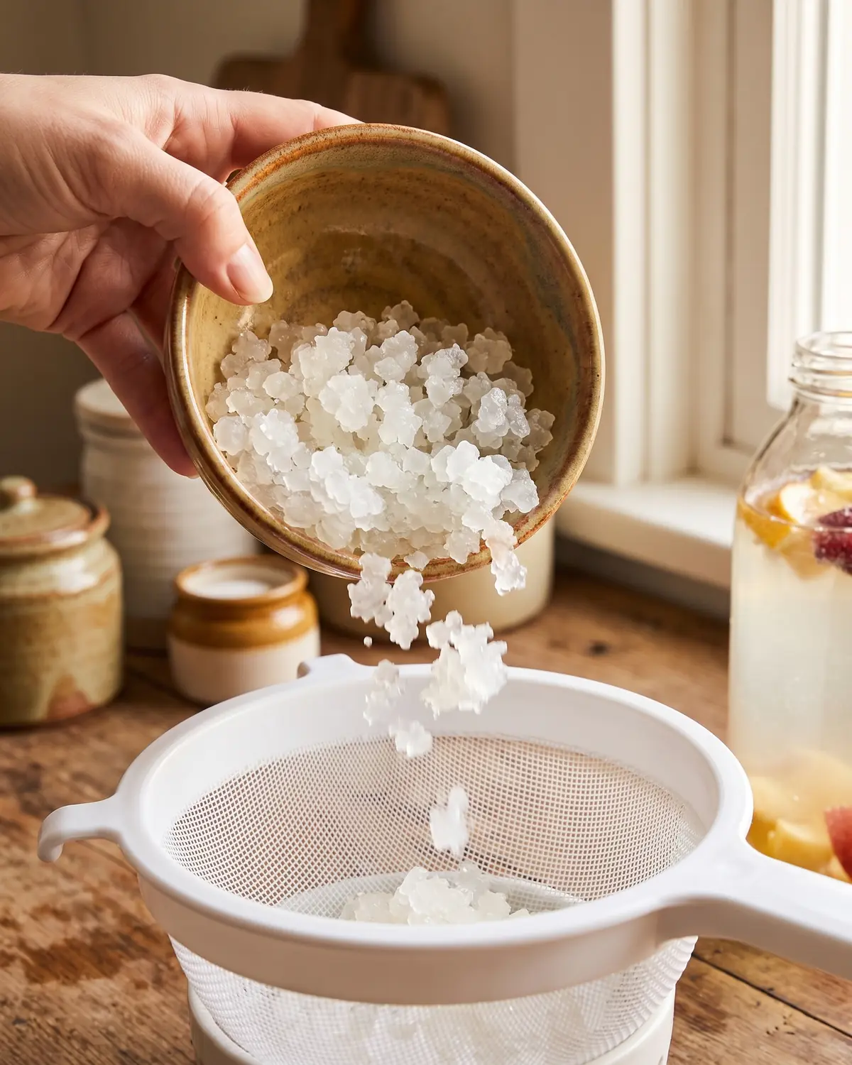 come fare kefir di acqua Mano che versa grani di kefir d’acqua in un colino bianco durante la filtrazione della coltura