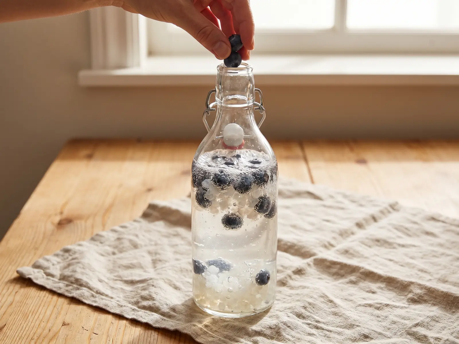 tibicos per kefir Mano che aggiunge mirtilli in una bottiglia di kefir d’acqua su tavolo di pino e lino naturale