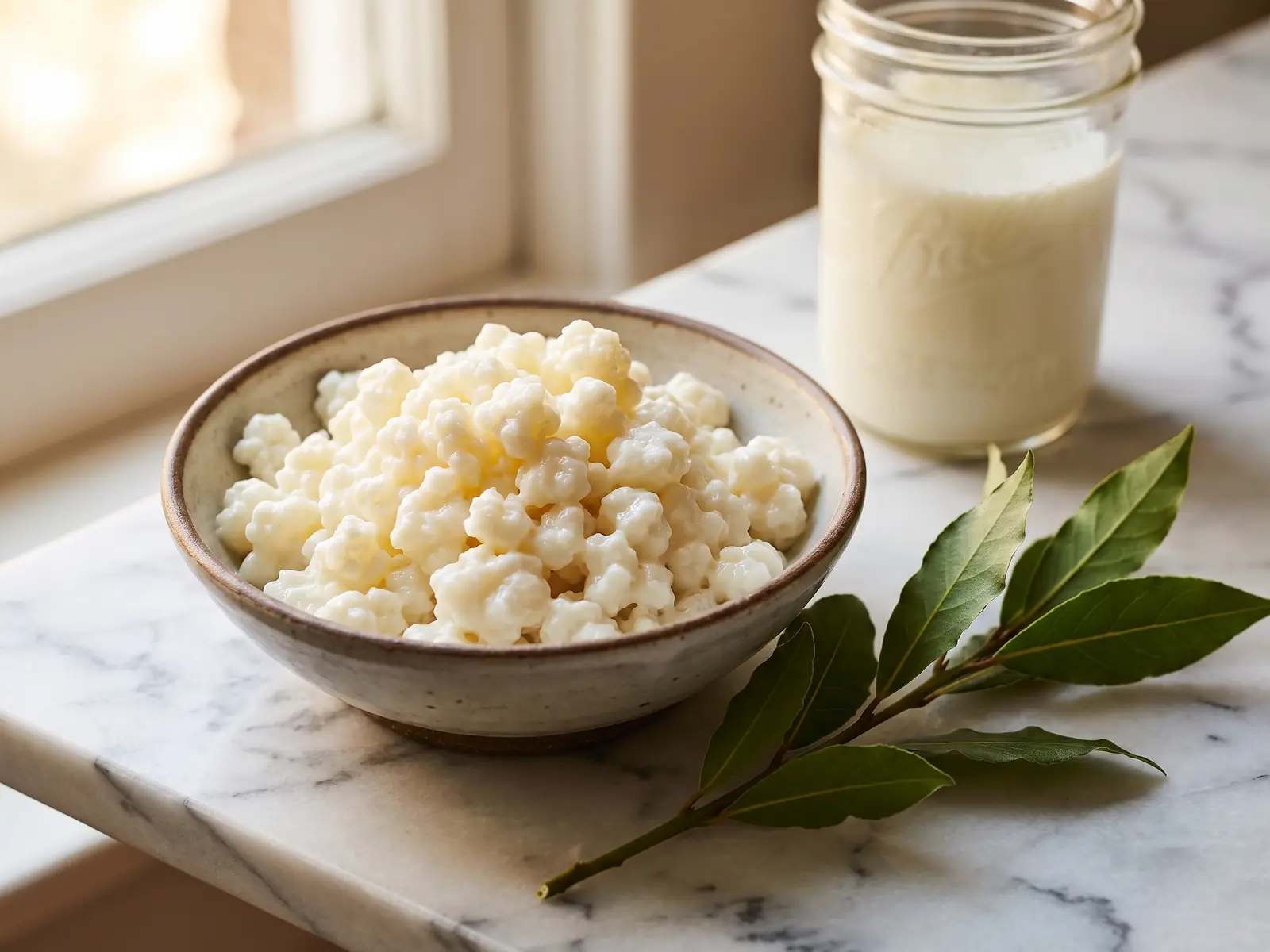 kefir prima di dormire Ramo di alloro su marmo bianco con granuli di kefir e un barattolo cremoso sullo sfondo.