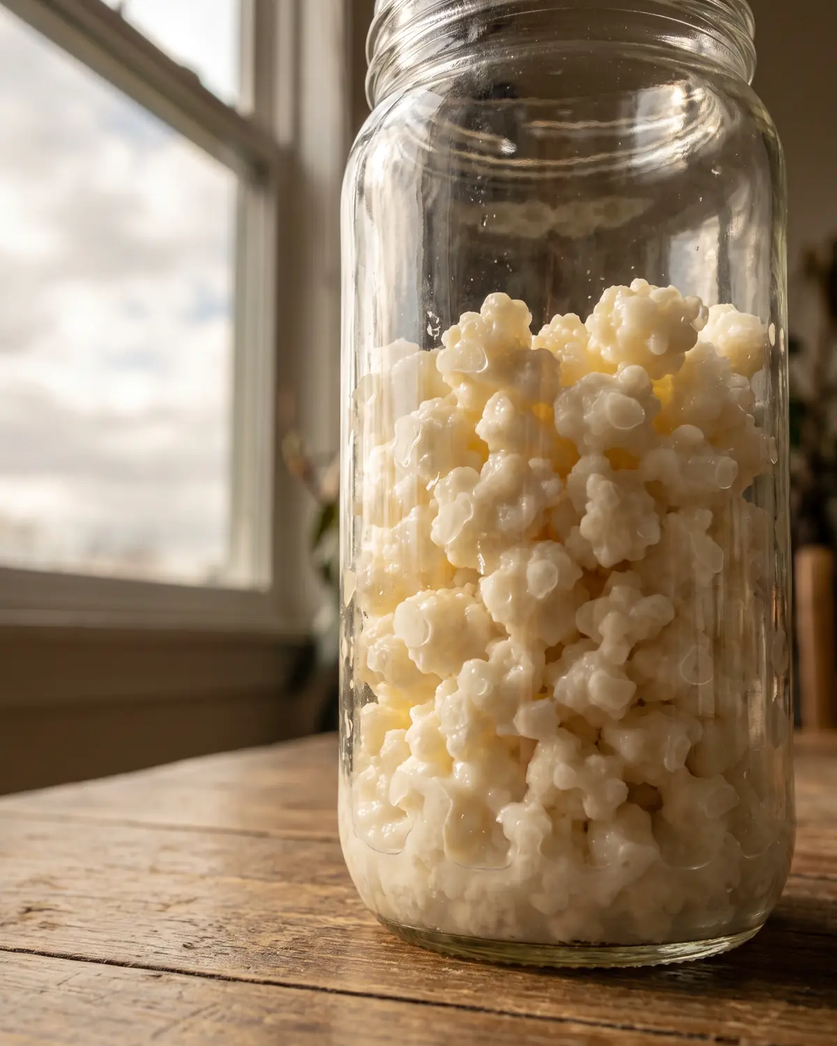 kefir glicemia Barattolo alto di kefir visto dal basso, con grani in controluce davanti a una finestra nuvolosa.