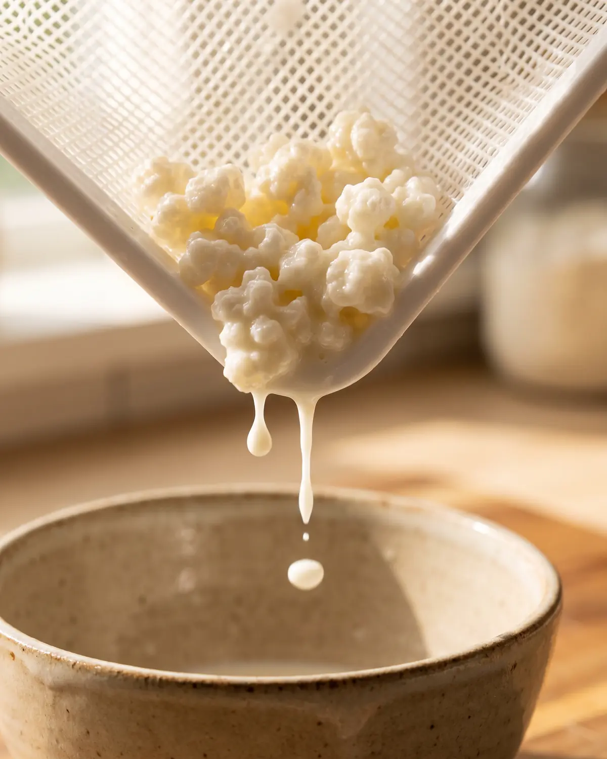 kefir e stitichezza Grani di kefir trattenuti nell’angolo di un colino, con gocce dense che scendono verso ceramica beige.