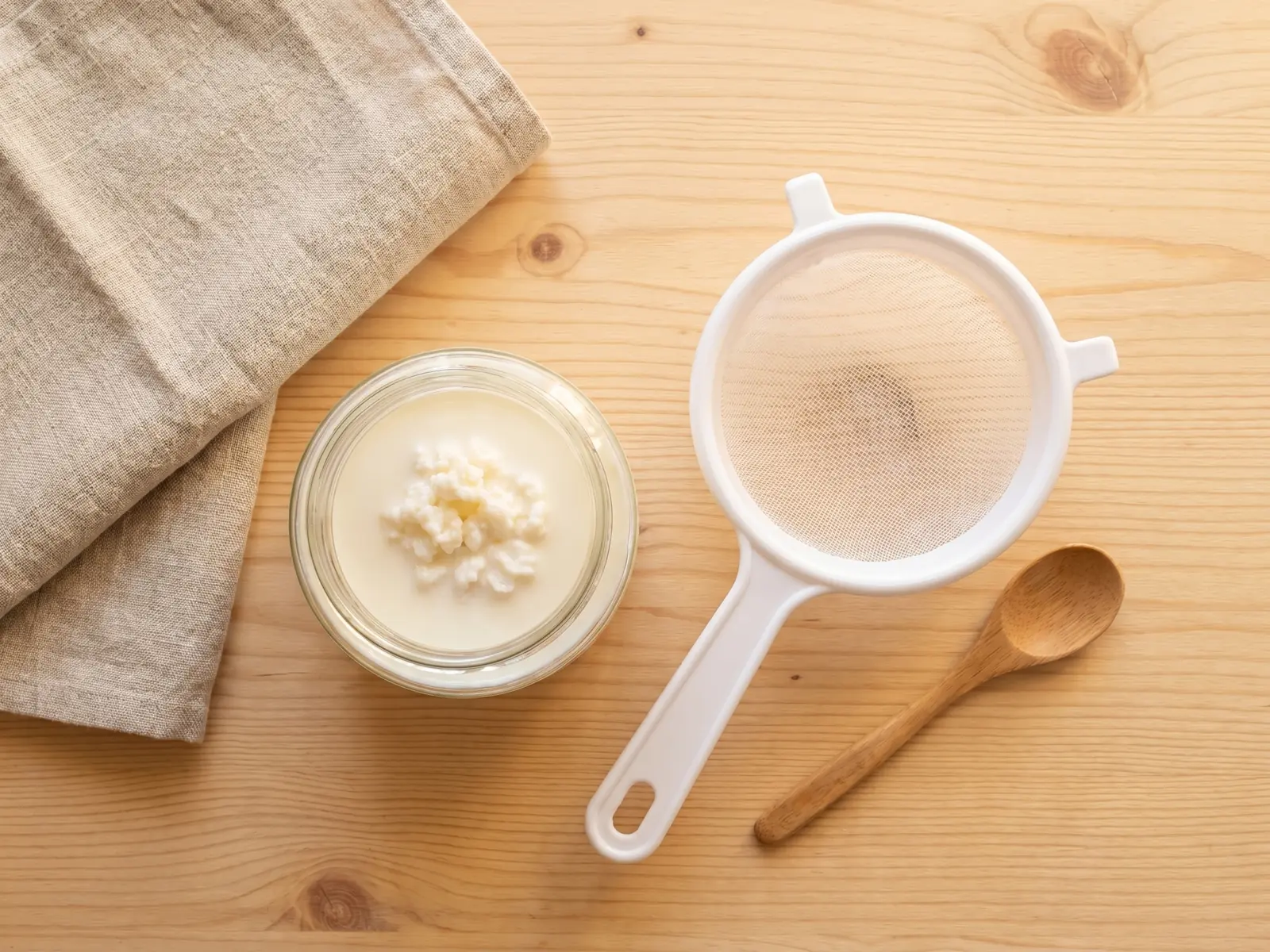 kefir fa male Barattolo di kefir sul bancone con colino bianco, cucchiaio di legno e panno di lino accanto.