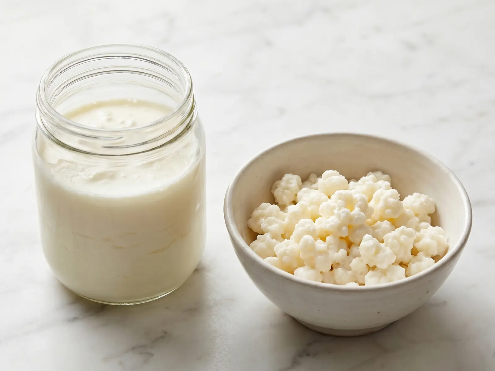Barattolo aperto di kefir di latte con grani bianco crema in una ciotola su marmo chiaro venato