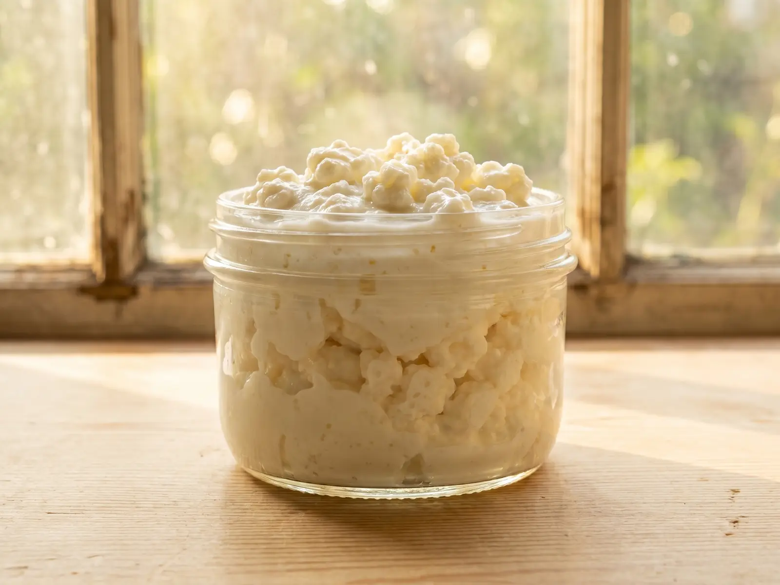 kefir benefici intestino Barattolo basso di kefir di latte su legno chiaro, con crema bianca illuminata da una finestra calda.