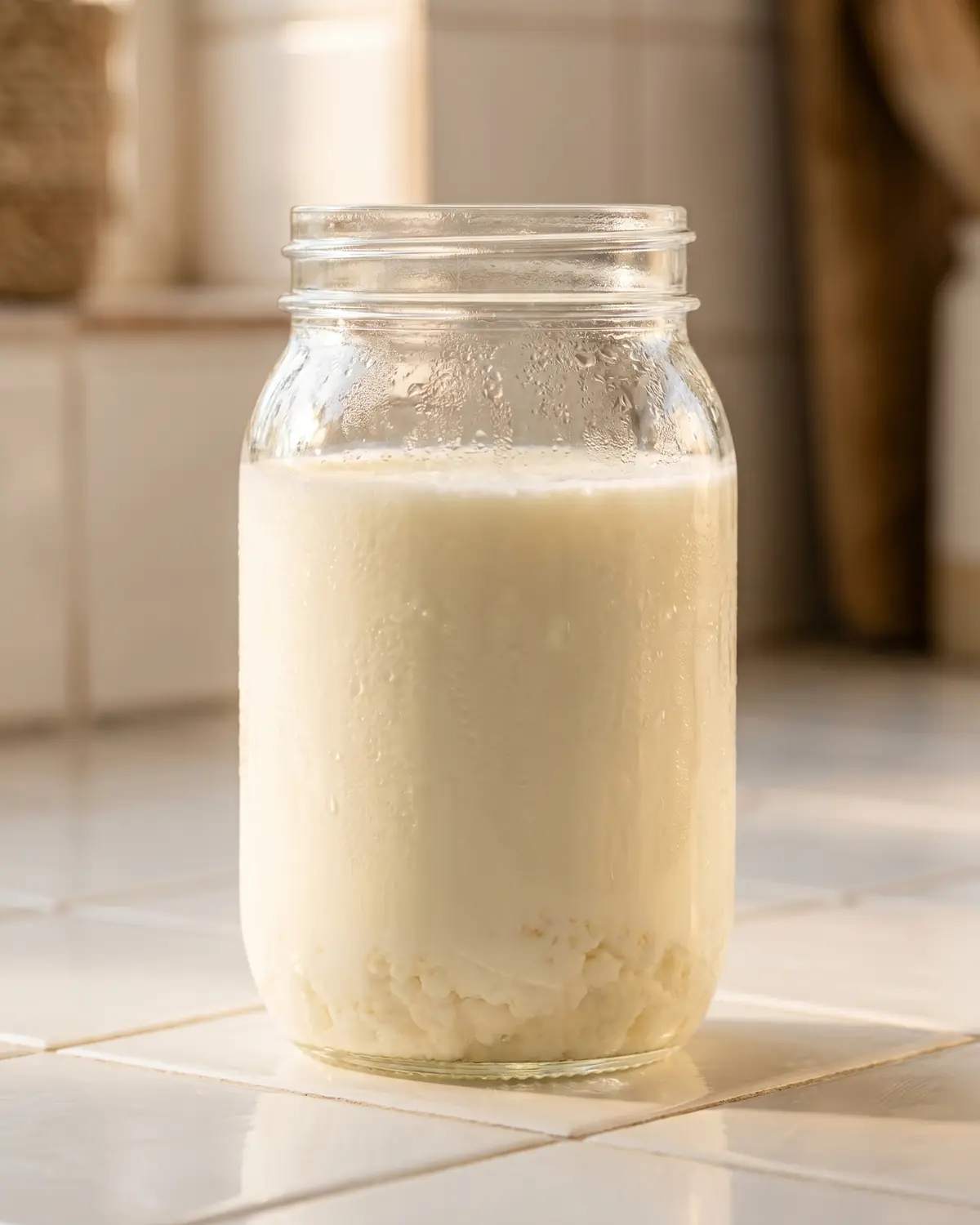 fermenti lattici vivi dove si comprano Barattolo di kefir su piastrelle bianche con leggera condensa e luce calda riflessa dalla finestra.