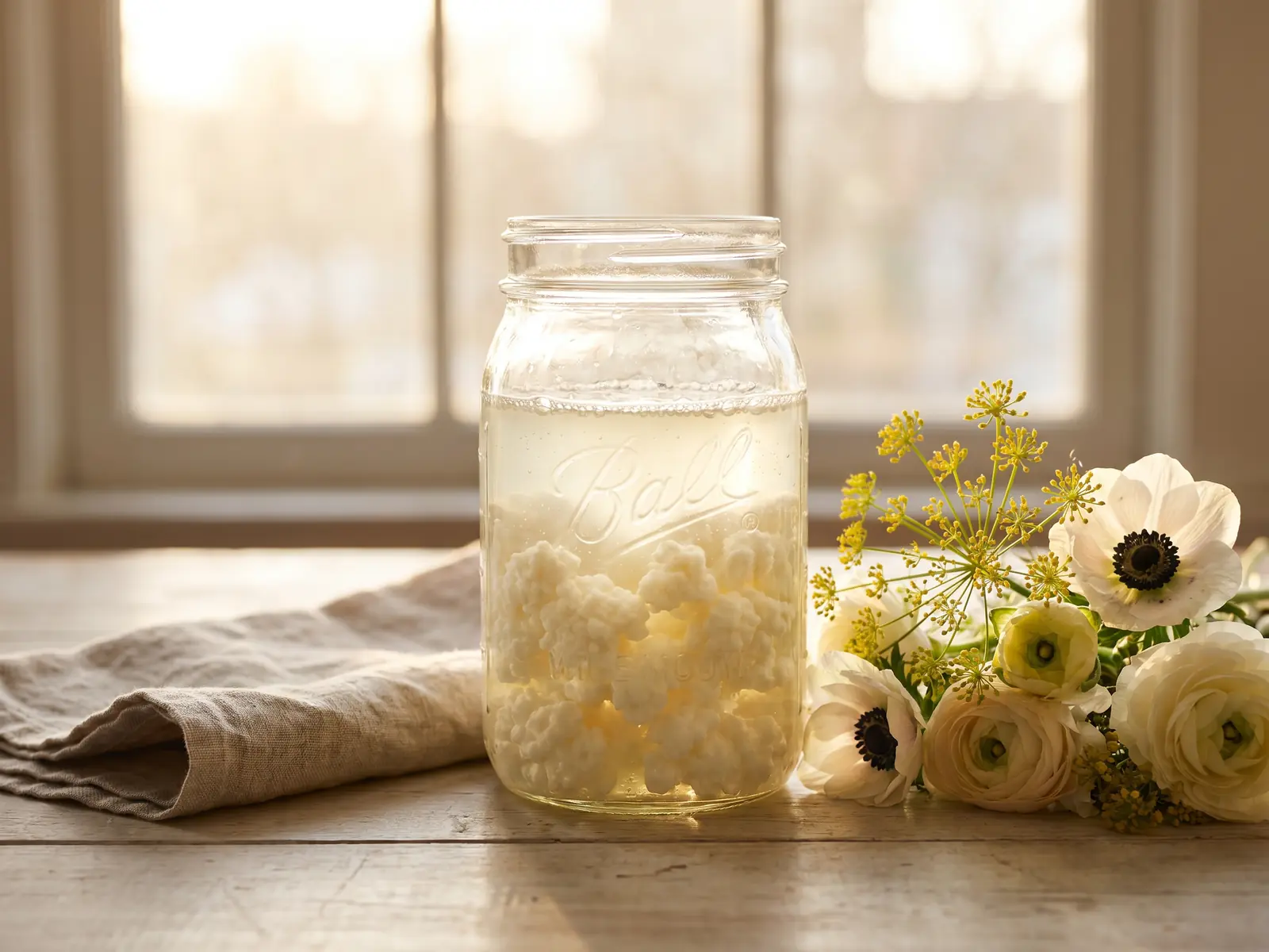 kefir quanto berne al giorno Barattolo di kefir in fermentazione su legno chiaro, con fiori di primavera e lino in controluce.