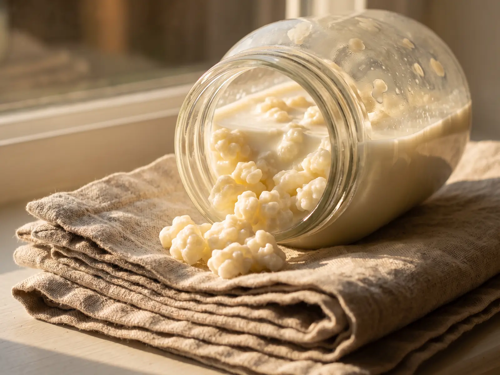 kefir e reflusso Barattolo di kefir di latte inclinato su lino, con grani vicino al collo e luce laterale dorata.