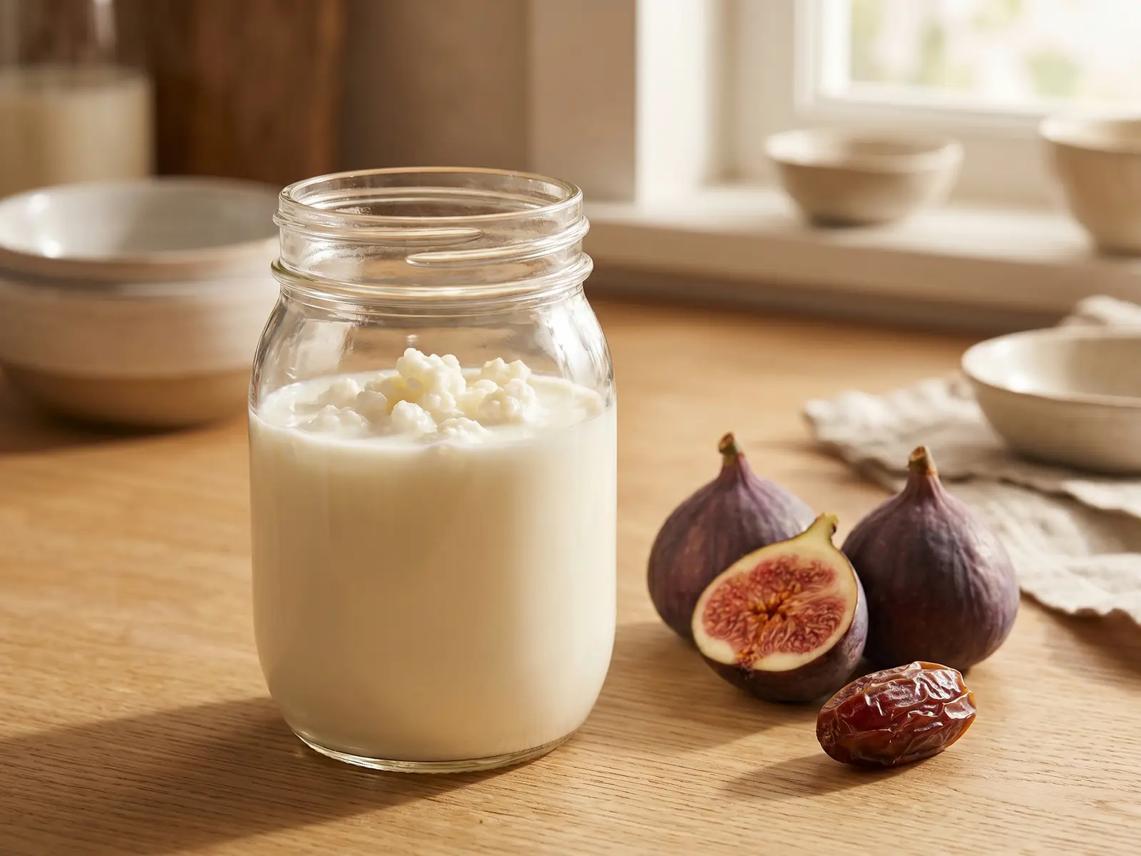 Barattolo di kefir di latte con grani visibili e frutta secca su un piano in legno naturale.