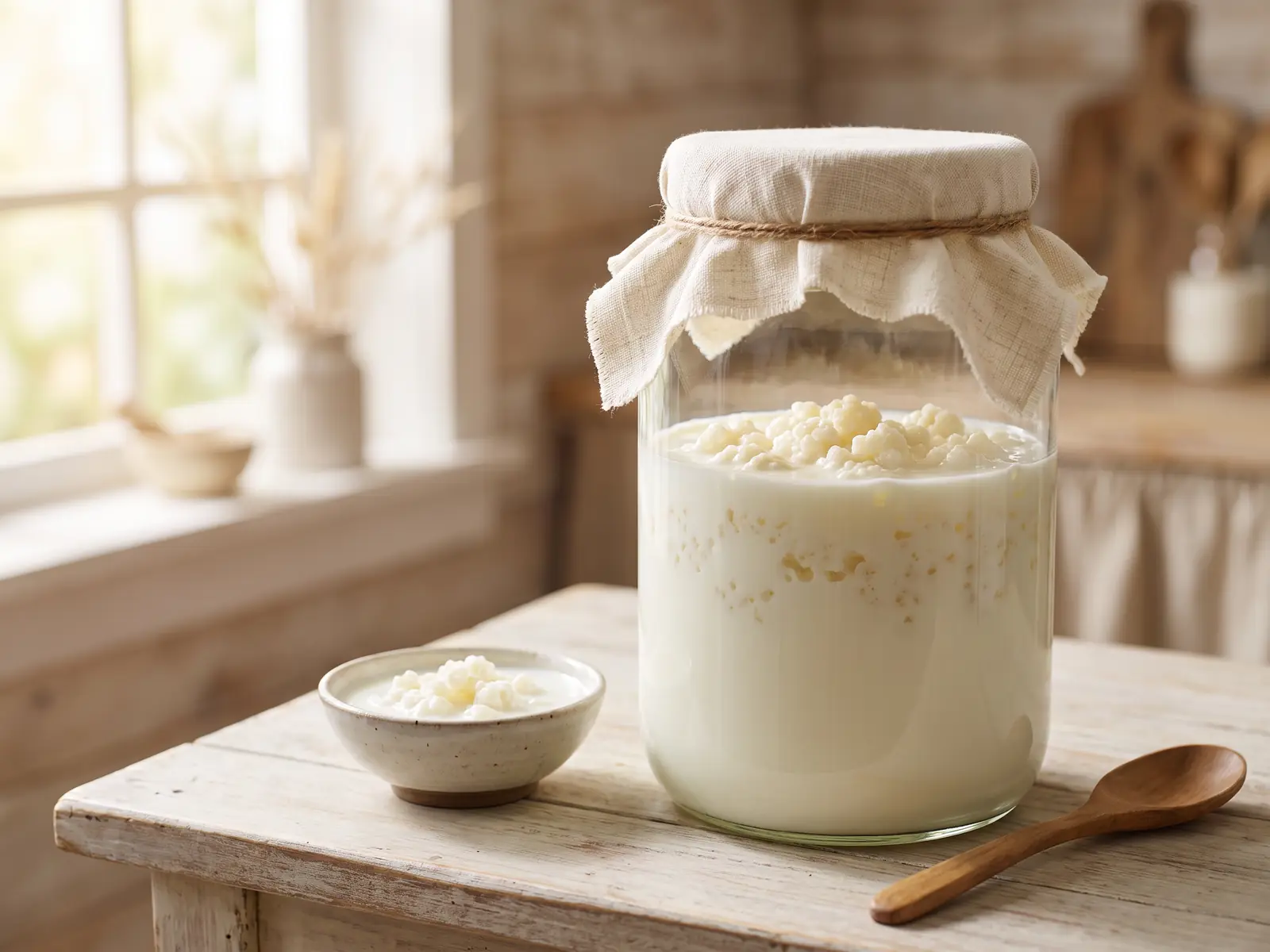 kefir a stomaco vuoto o pieno Barattolo di kefir di latte con grani visibili e frutta secca su un piano di legno naturale.