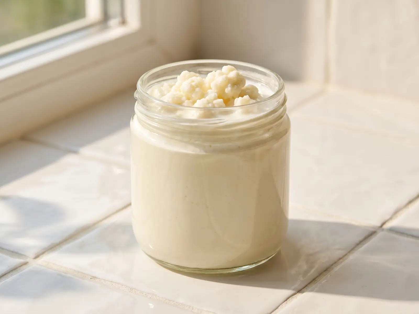 Barattolo pulito di kefir di latte su piastrelle bianche, con luce laterale morbida e aspetto fresco.