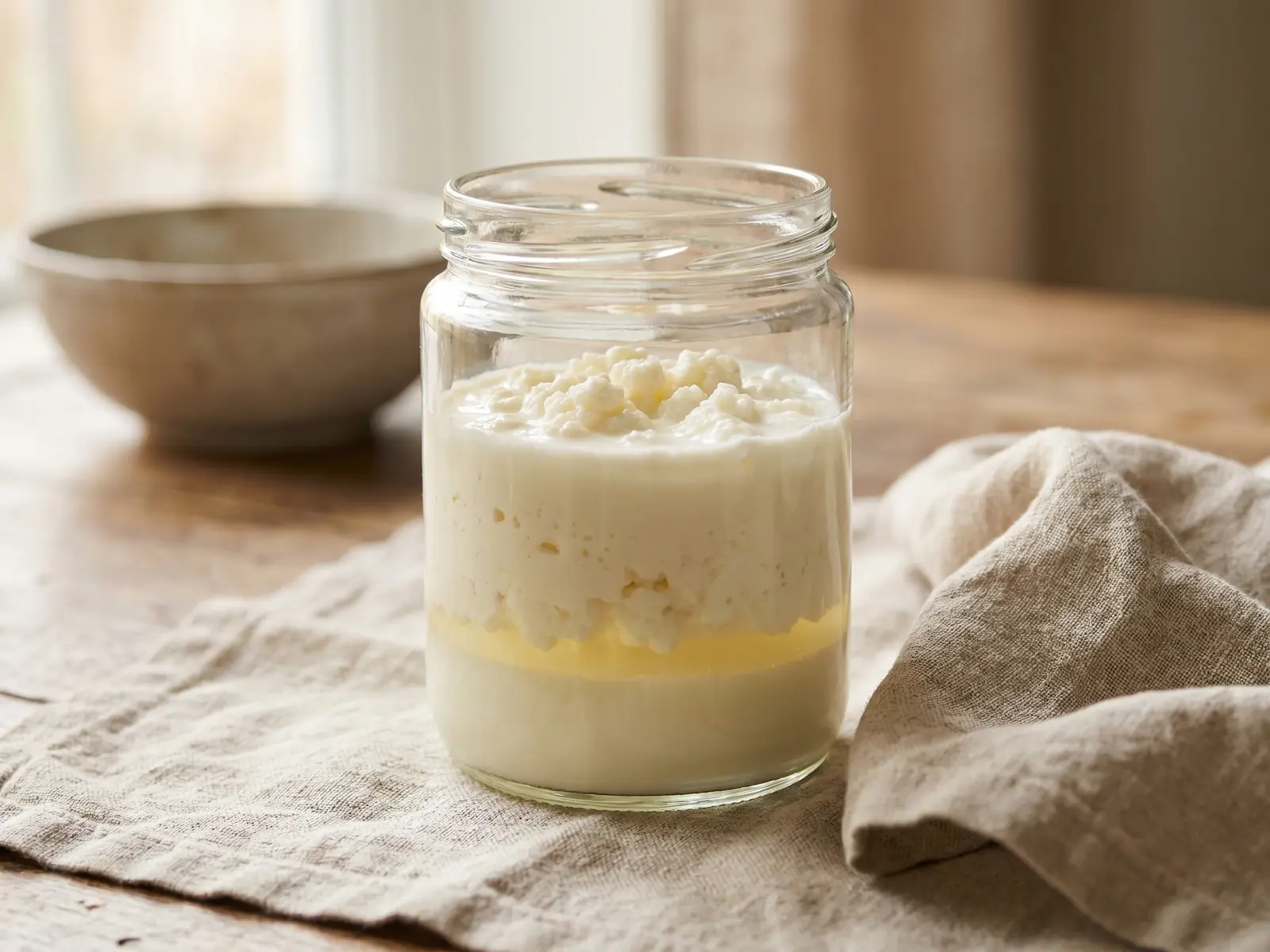kefir alcolico Barattolo di kefir di latte con strati naturali separati e linea di siero accanto a un panno di lino.