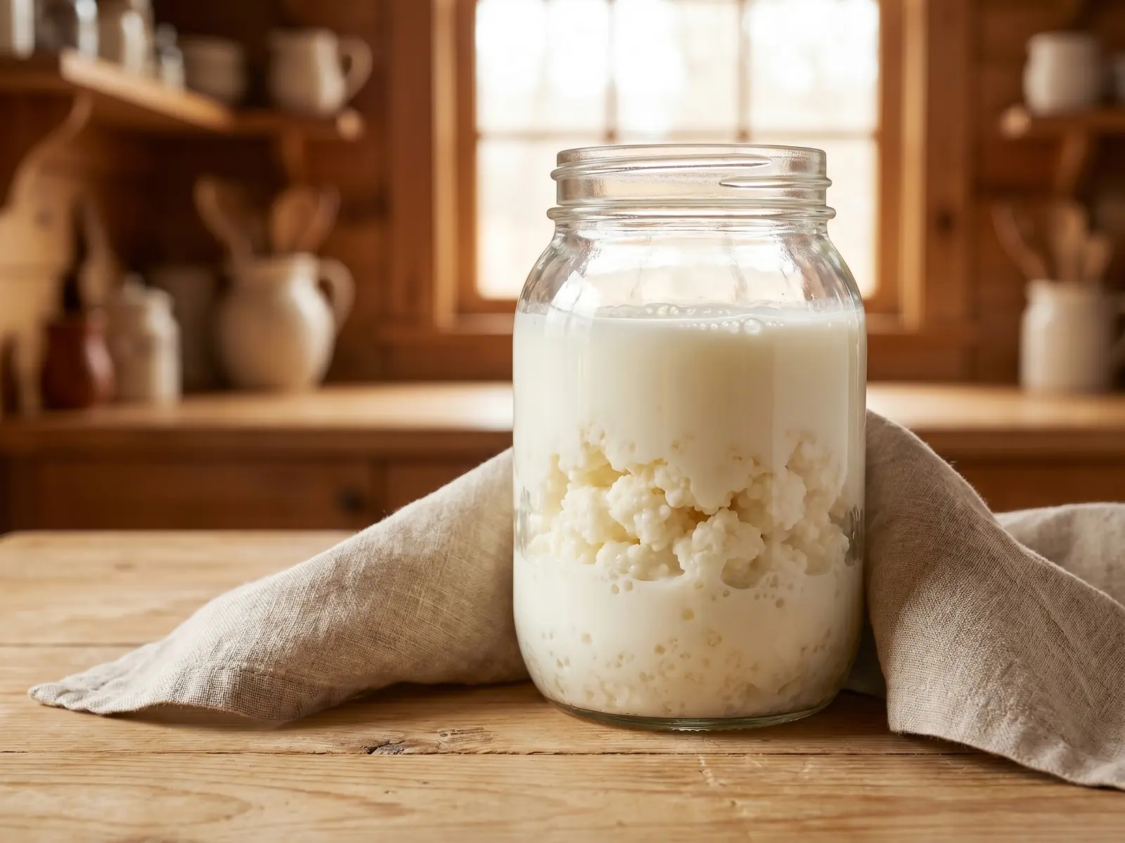 squalo fermentato Barattolo di vetro con latte e grani di kefir illuminato da una luce morbida vicino alla finestra