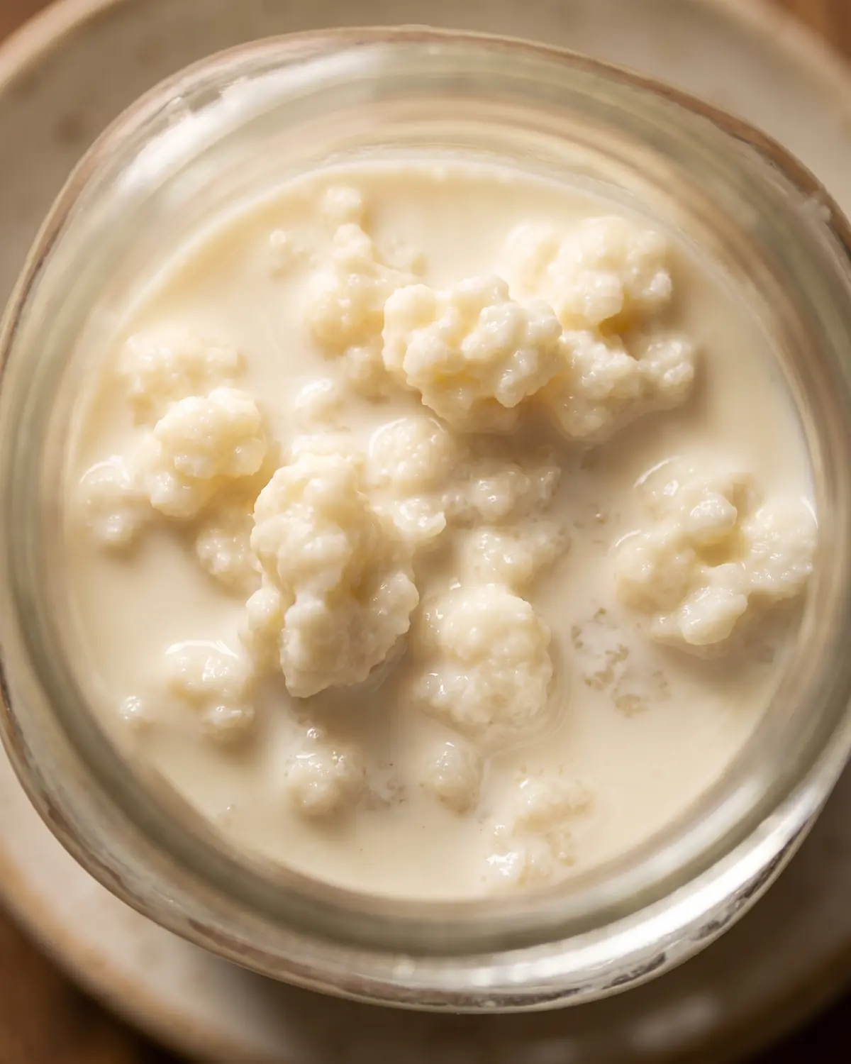 kefir fa male Vista ravvicinata dal basso di un barattolo con grani irregolari immersi in latte cremoso.