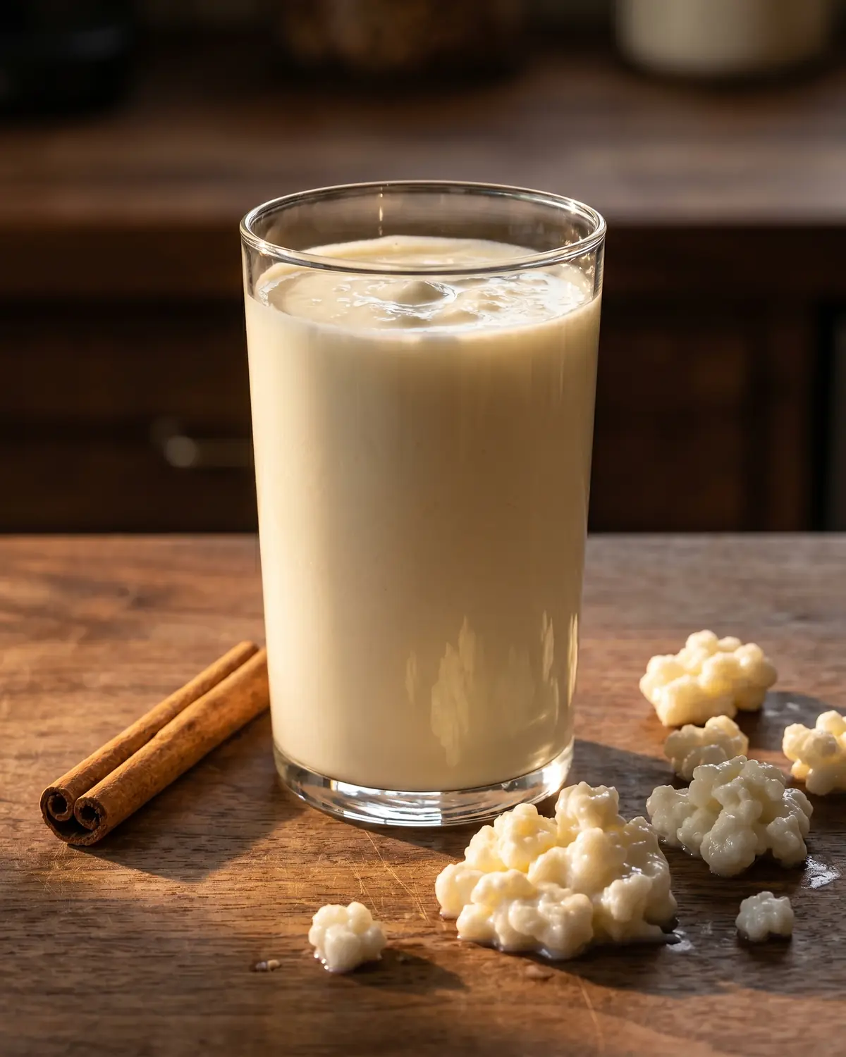 kefir per la dieta Bicchiere alto di kefir pronto da bere con cannella in rama su legno di noce e luce dorata.