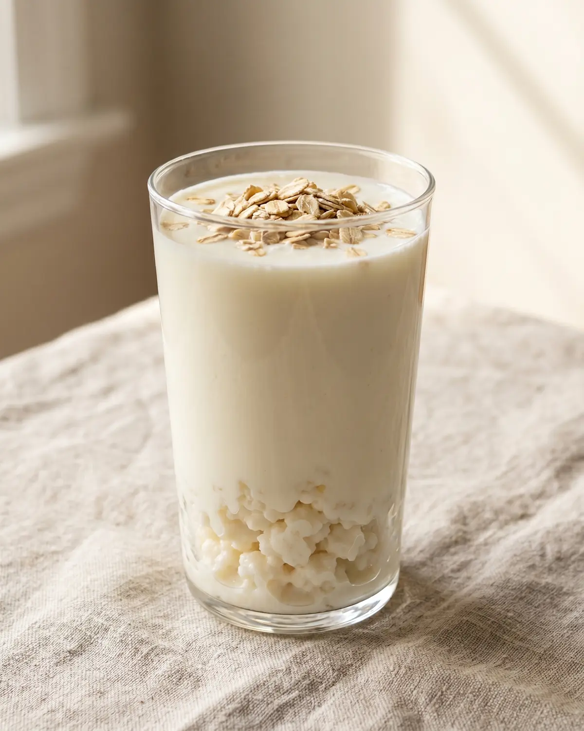 i grani di kefir si possono congelare Bicchiere alto di kefir con fiocchi d’avena in superficie, su lino grezzo in composizione pulita