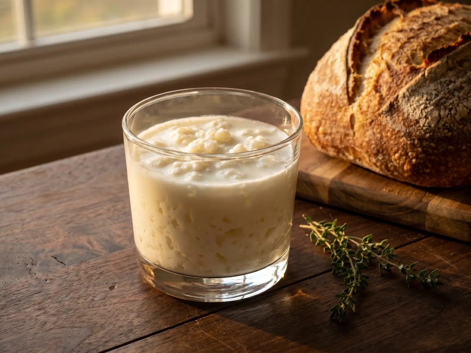trasformare il kefir d acqua in kefir di latte Kefir cremoso in un bicchiere basso su legno scuro, con pane rustico e tomillo in luce dorata.