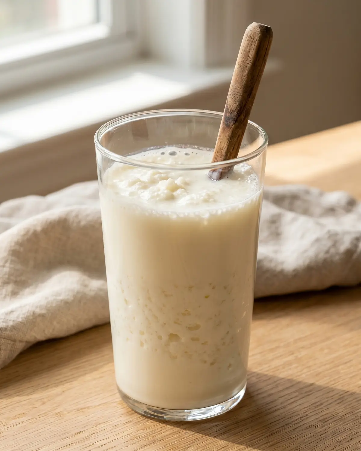 kefir bianco naturale benefici Bicchiere verticale con kefir di latte cremoso già fermentato e cucchiaio inserito nella superficie.