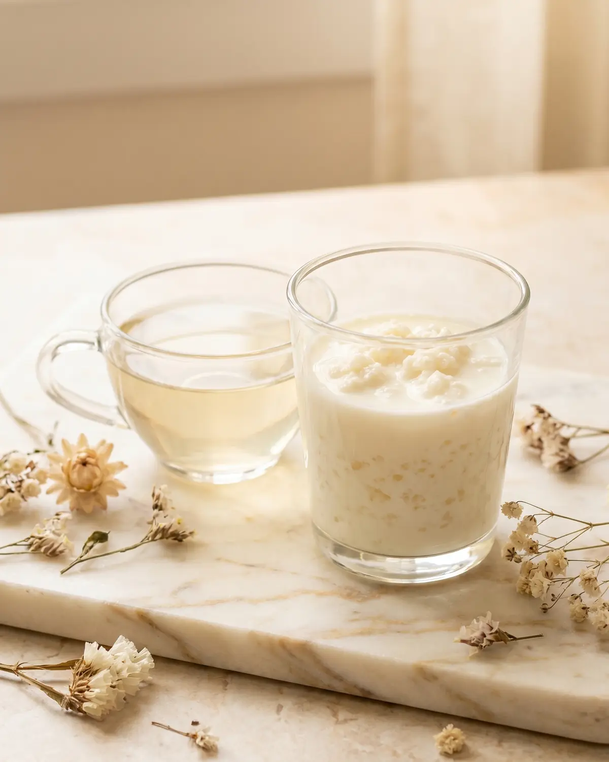 dove comprare i semi di kefir Bicchiere piccolo di kefir accanto a una tazza di tè chiaro, fiori secchi e marmo venato.