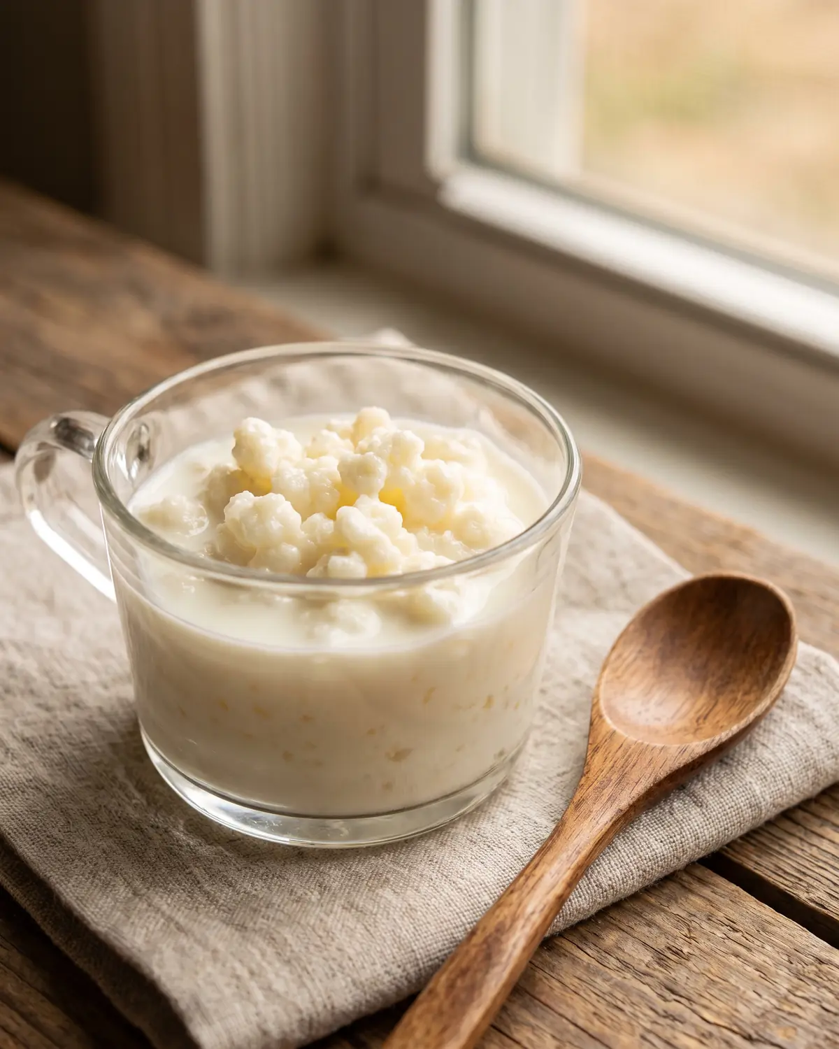 kefir chetogenica Bicchierino di vetro con grani di kefir e latte fresco, con cucchiaio di legno appoggiato accanto.
