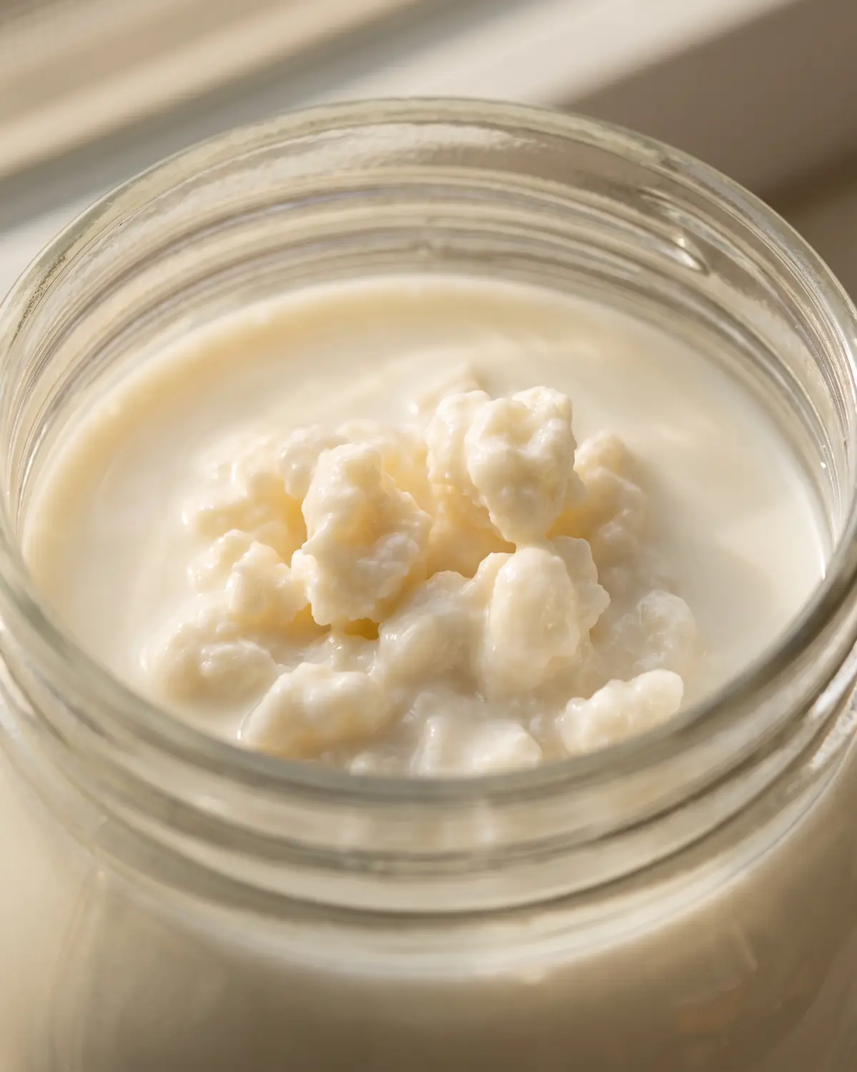 troppo kefir fa male Dettaglio della bocca di un barattolo con grani di kefir raccolti sotto la superficie del latte fermo.