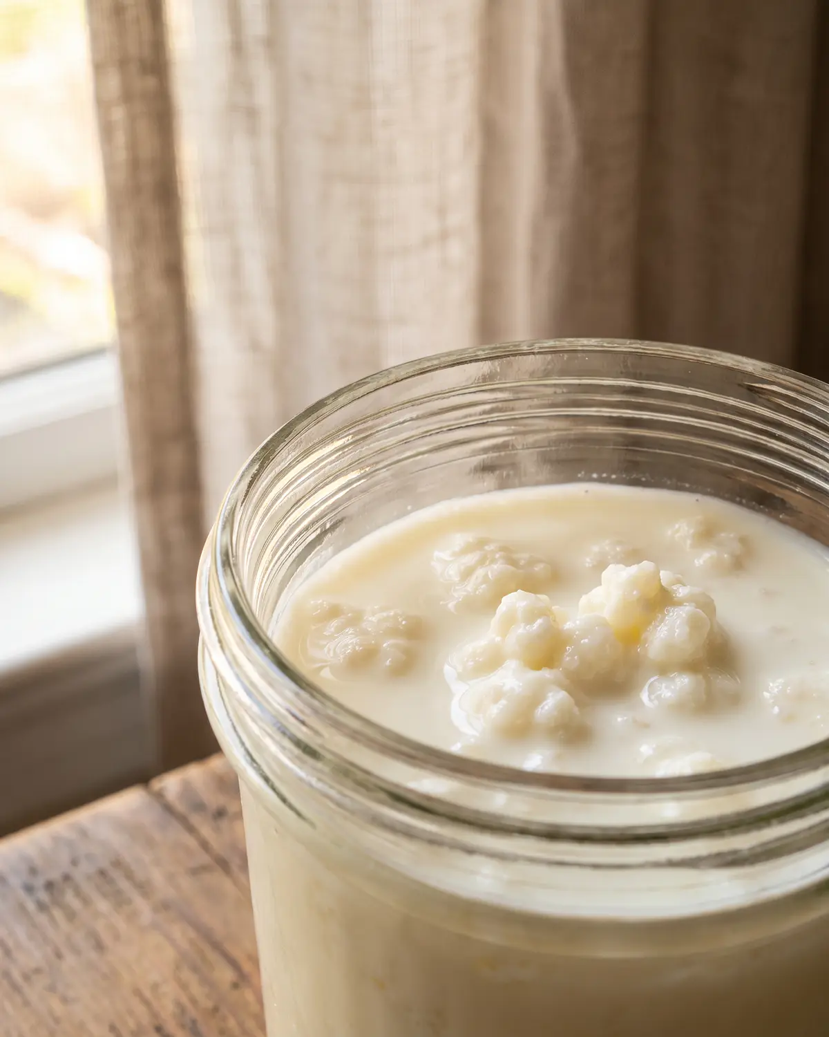 porridge con kefir Bordo di un barattolo aperto con kefir cremoso, grani affioranti e tenda sfocata sullo sfondo.