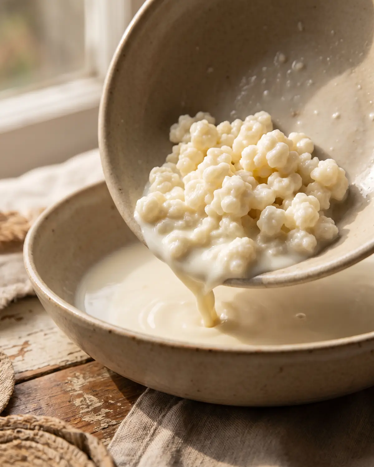 kefir e cistite Bordo di una ciotola beige con grani di kefir raccolti di lato e latte che scorre lentamente.