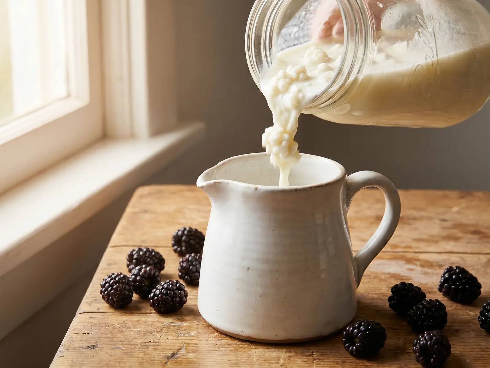 il kefir è pericoloso Kefir di latte in una brocca di ceramica bianca con more fresche e luce naturale dalla finestra.
