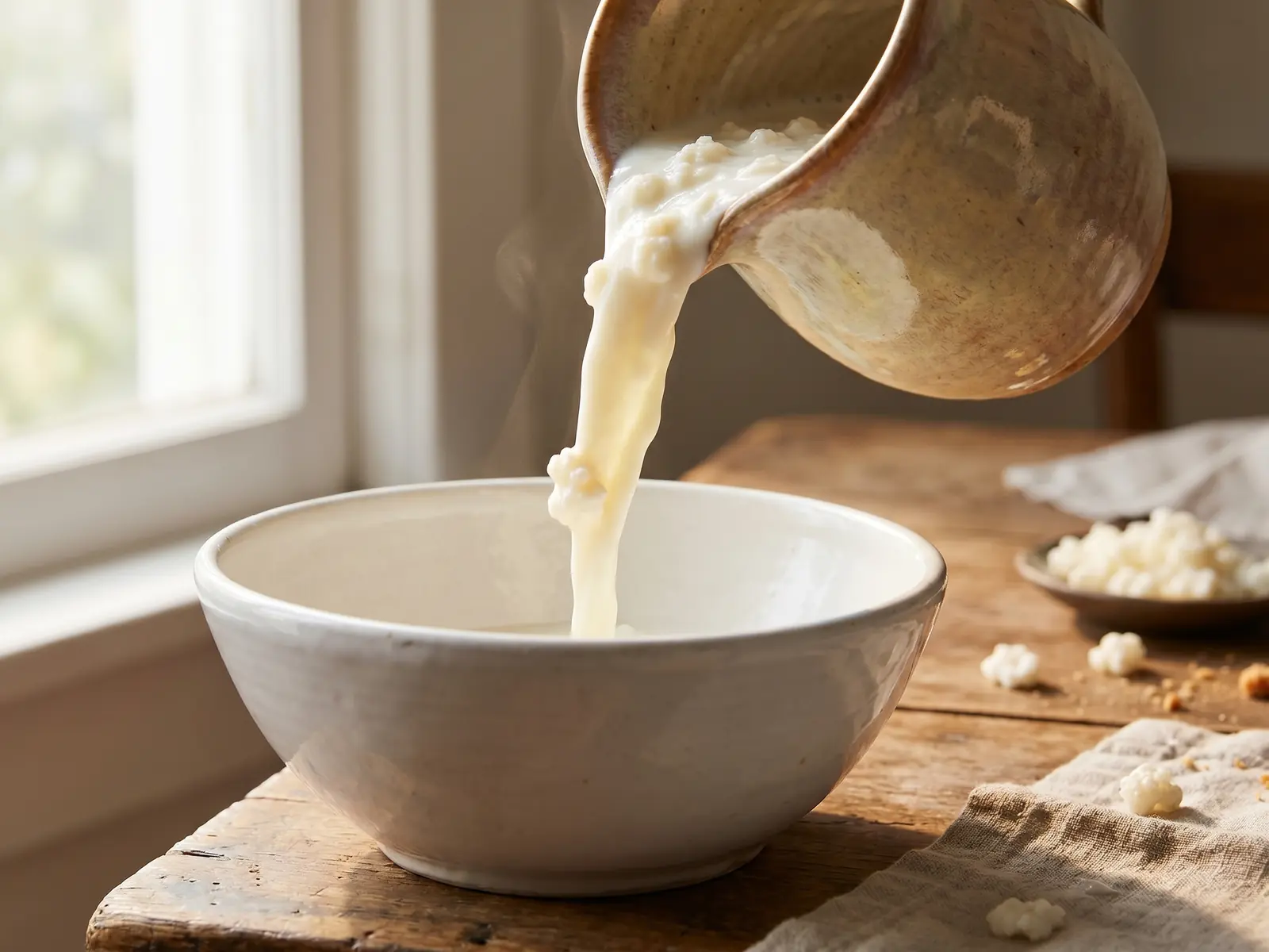 kefir e intolleranza al lattosio Brocca di ceramica che versa kefir di latte denso in un piatto bianco alla luce della finestra.