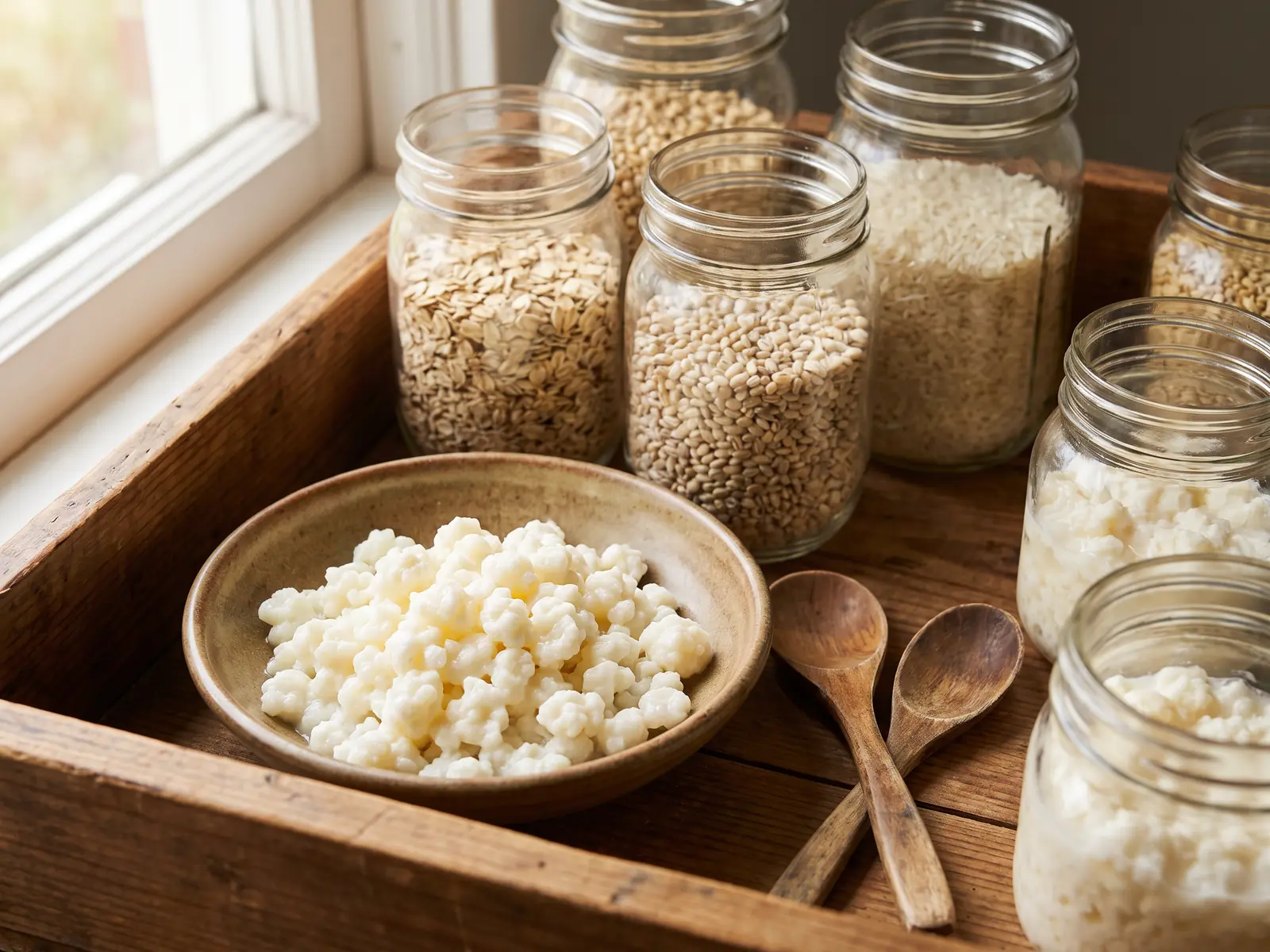 kefir di capra conad Cassetta da dispensa con vasetti senza etichette, grani di kefir in una ciotola e cucchiai di legno incrociati.