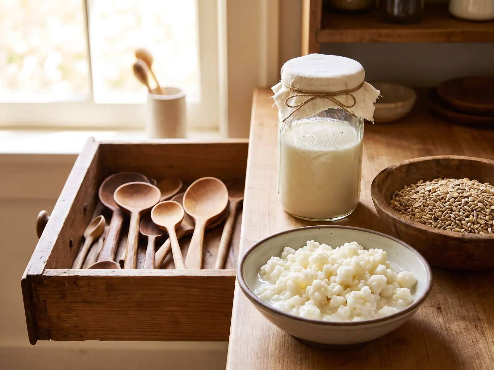 kefir e stitichezza Cassetto con cucchiai di legno, barattolo di kefir e grani in una ciotola su un piano da cucina.