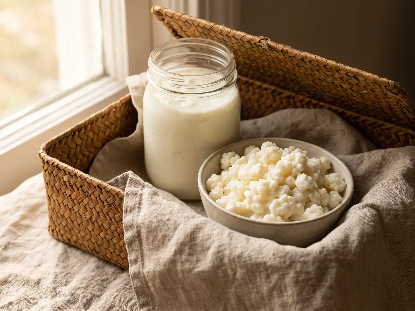i fermenti lattici vanno in frigo Cesto aperto con un barattolo di kefir e una ciotola di granuli su lino stropicciato.