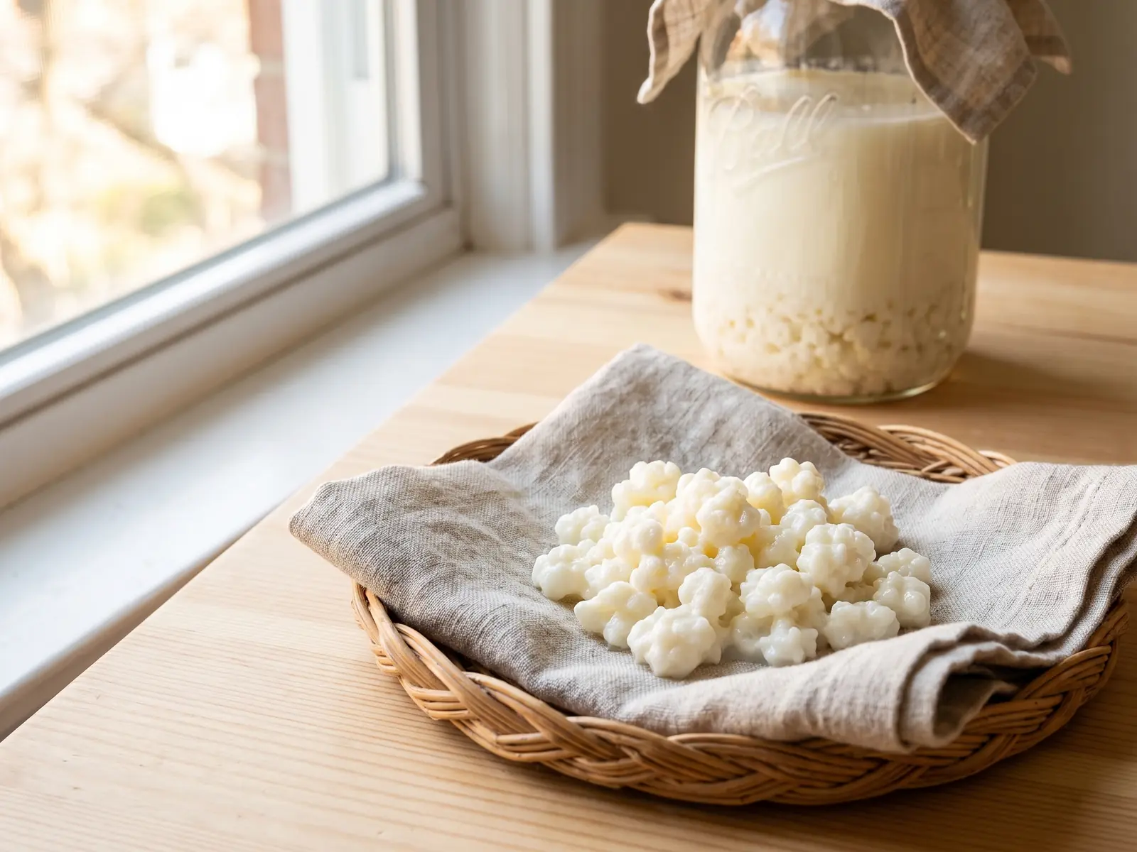kefir come consumarlo Barattolo di kefir di latte in un cesto di vimini con lino, grani visibili e luce naturale dalla finestra.