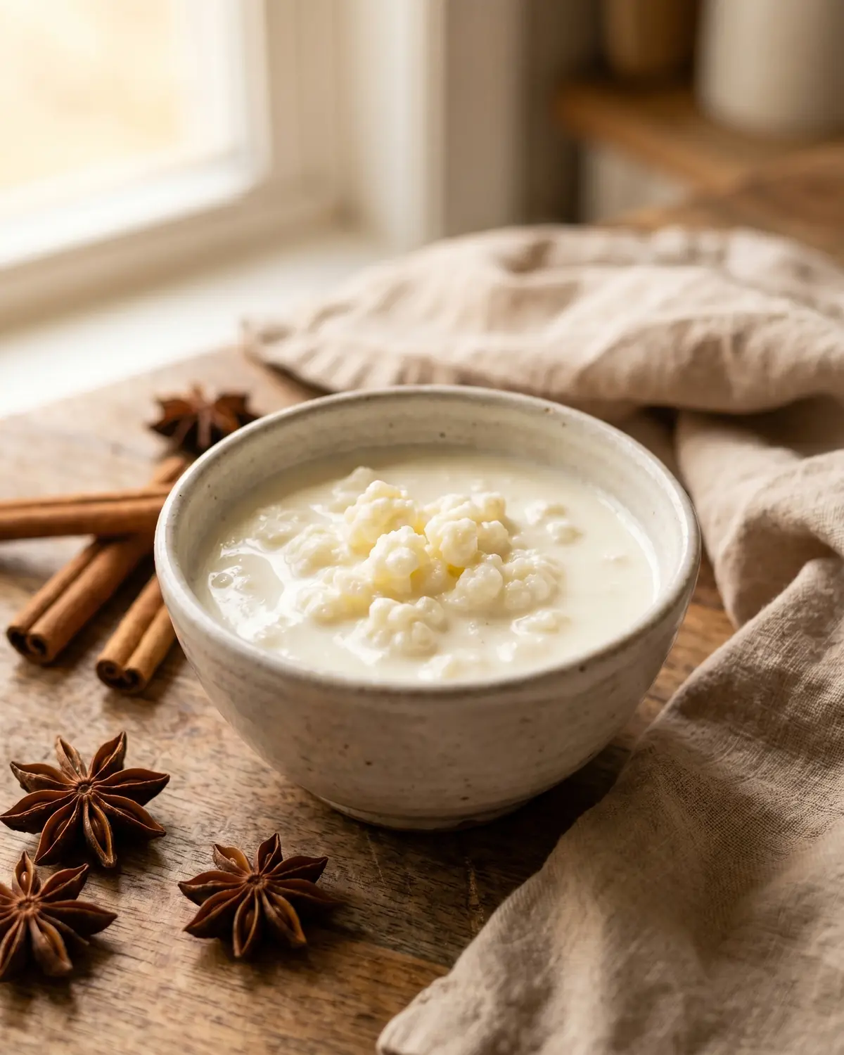 kefir fa gonfiare la pancia Ciotola di kefir naturale con anice stellato e cannella, in una scena casalinga dal tono invernale.