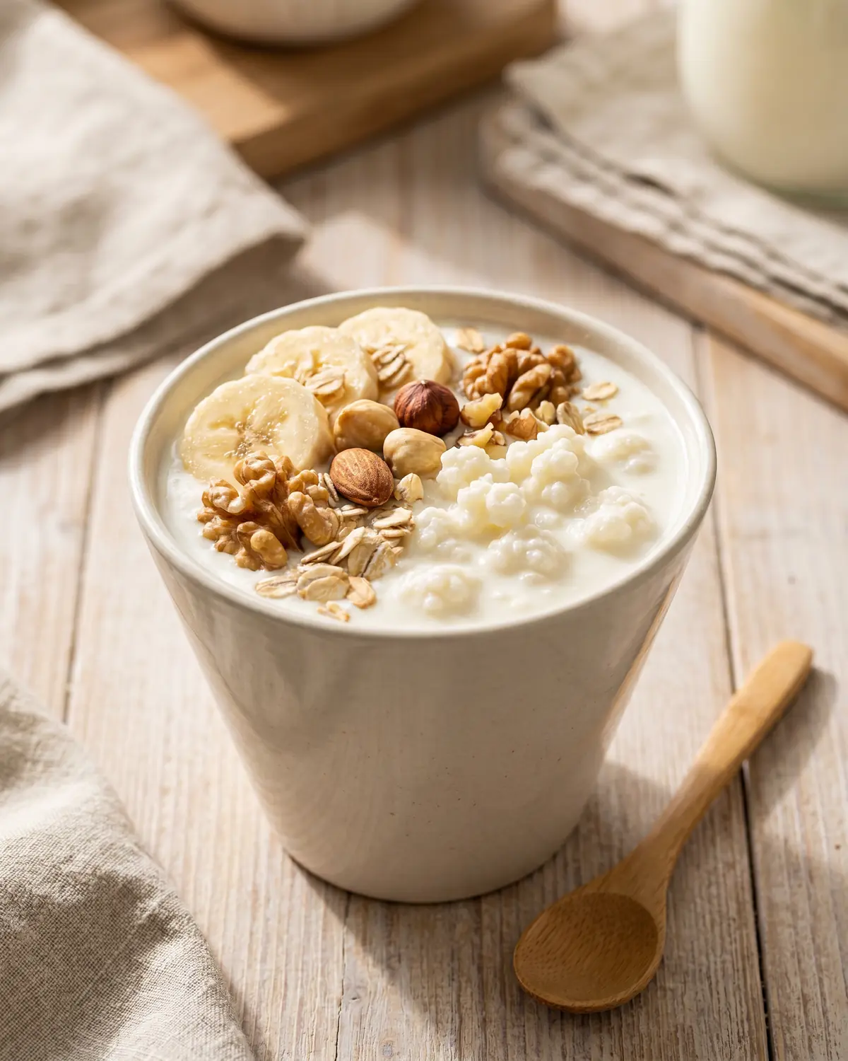 kefir ai cani Ciotola verticale di kefir con banana a fette, noci e avena, fotografata su fondo chiaro