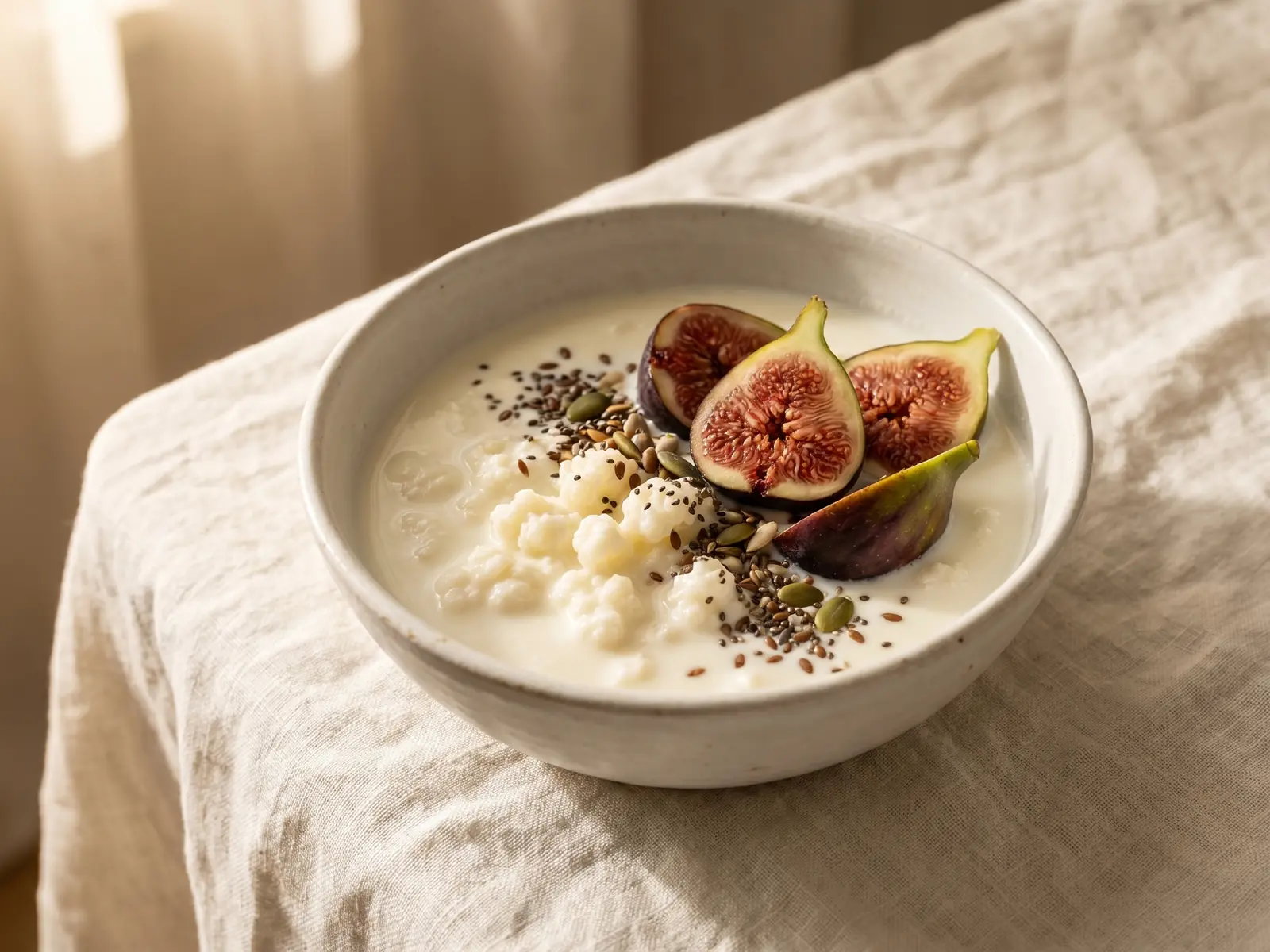 kefir per stitichezza Kefir servito in una ciotola bianca con fichi freschi e semi su un lino chiaro e vissuto.