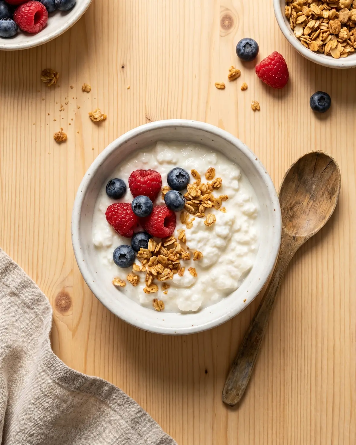 Ciotola di kefir pronto con frutti rossi, granola e cucchiaio di legno su un piano chiaro