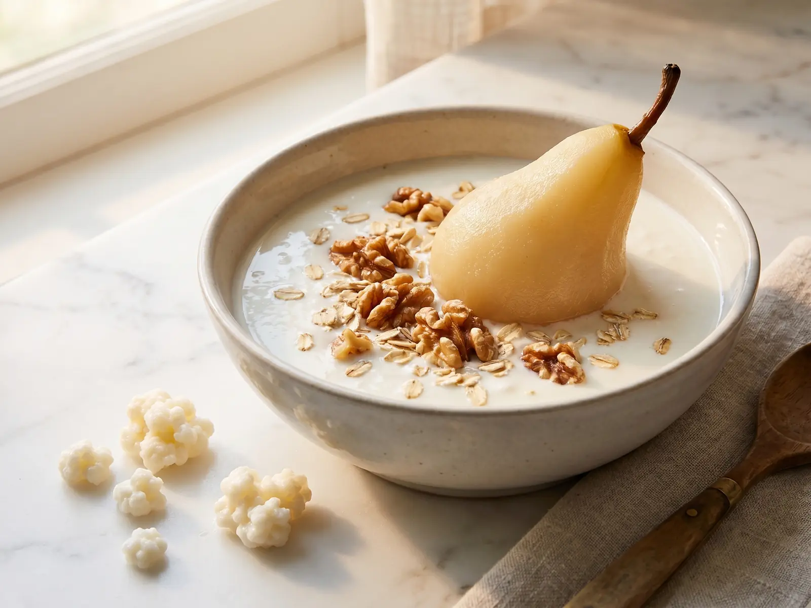 kefir è meteorismo Ciotola di kefir con pera, noci e avena su marmo bianco, in una scena tranquilla da colazione.
