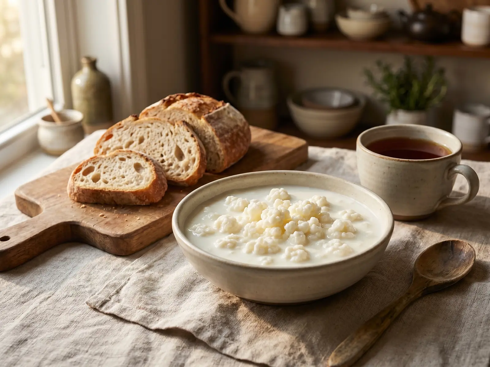 kefir d acqua Kefir di latte in una ciotola bassa con tazza di tè, pane rustico e lino grezzo sul tavolo.