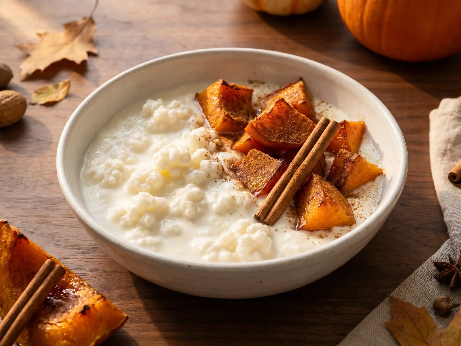 il kefir contiene lattosio Kefir di latte servito in una ciotola bianca con zucca arrostita e cannella su fondo in noce