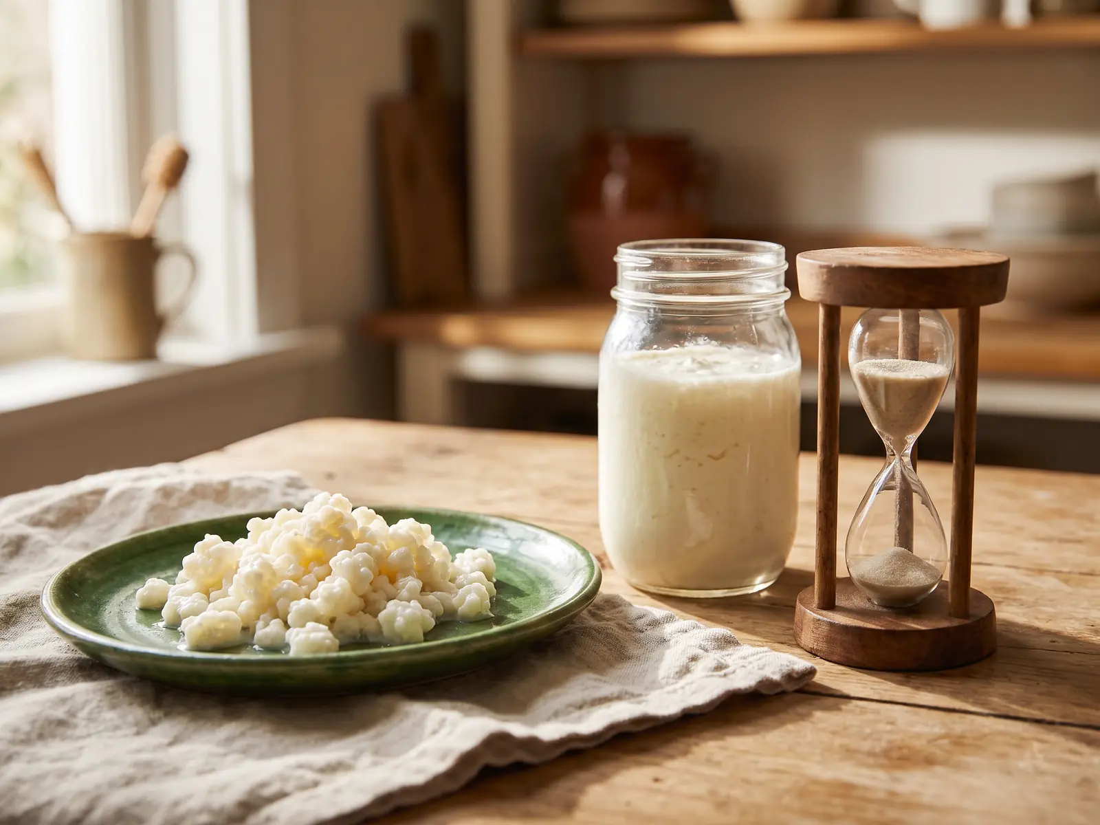kefir a colazione fa dimagrire Reloj de arena di legno accanto a un barattolo di kefir, grani su piatto verde e tessuto di lino
