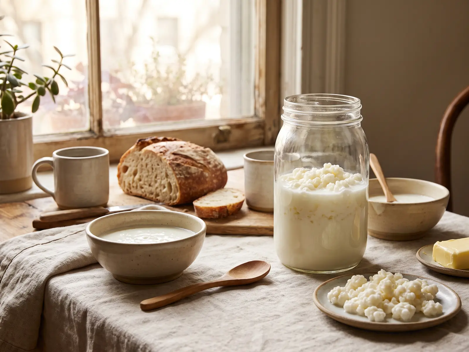 kefir e fegato grasso Tavola da colazione con barattolo di kefir in fermentazione, grani, ceramica chiara e luce calda.