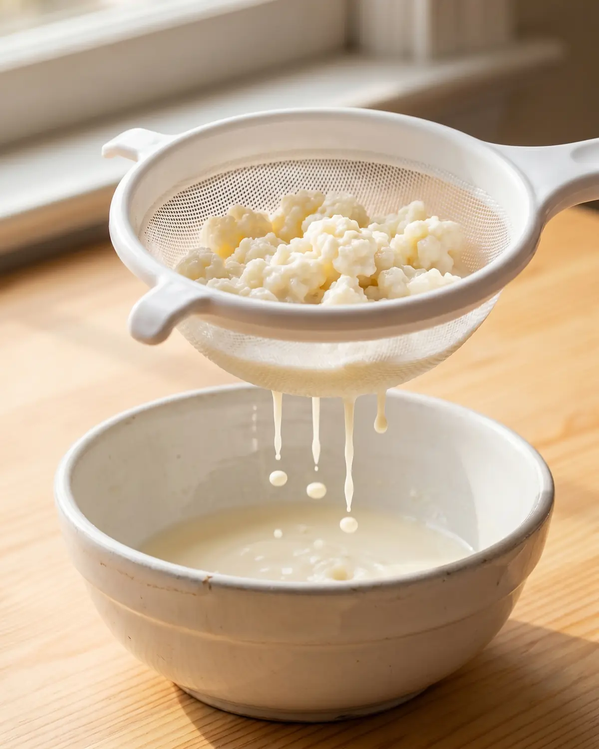 come si produce il kefir Granuli di kefir raccolti in un colino bianco mentre una goccia di latte fermentato cade nel cuenco
