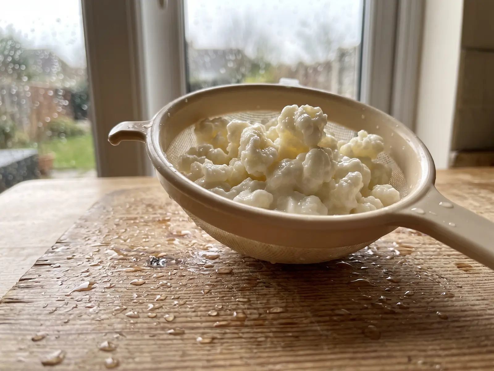 kefir di latte preparazione Colino di plastica con grani di kefir appena scolati su una tavola di pino con gocce di latte
