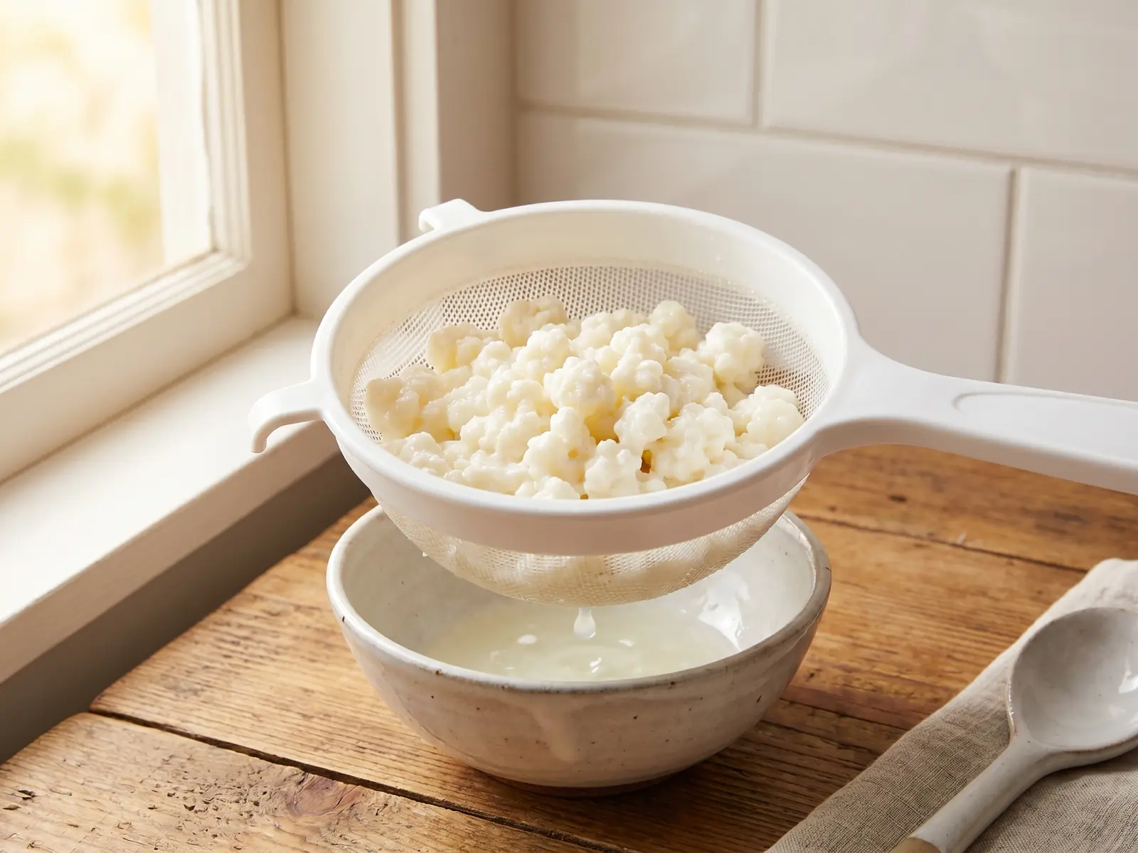 kefir dieta chetogenica Colino di plastica bianco con grani di kefir di latte su piastrelle, con ciotola in ceramica sotto.