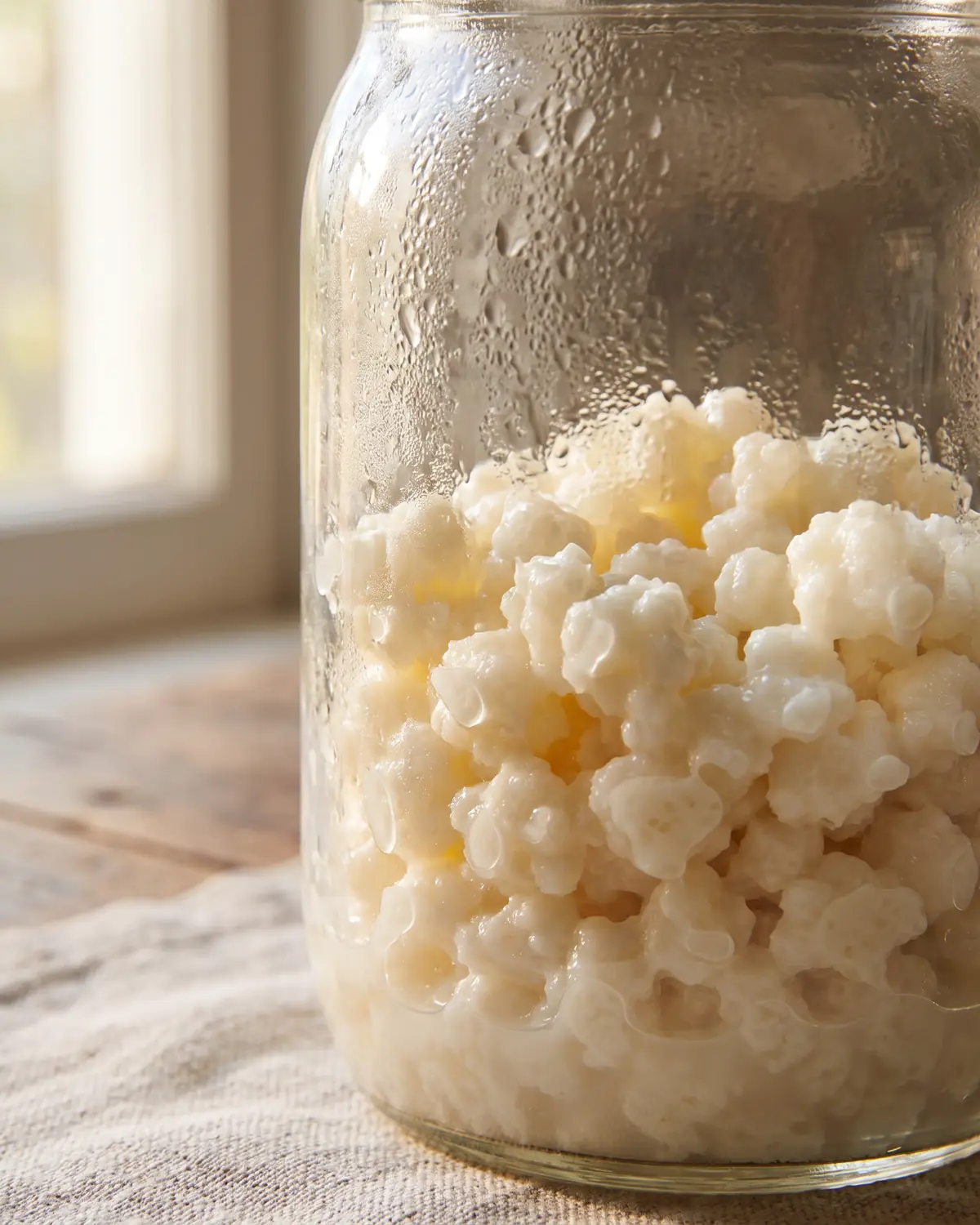 fermenti kefir Granuli color crema visti attraverso un barattolo di vetro con perle di condensa sulla superficie