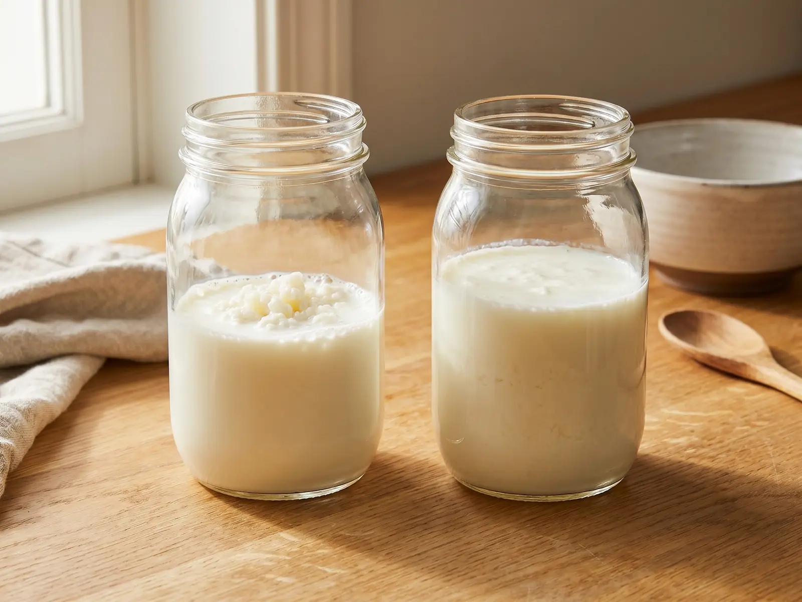 kefir e mal di stomaco Due barattoli con latte fresco, grani di kefir e kefir finito a confronto su una superficie chiara.