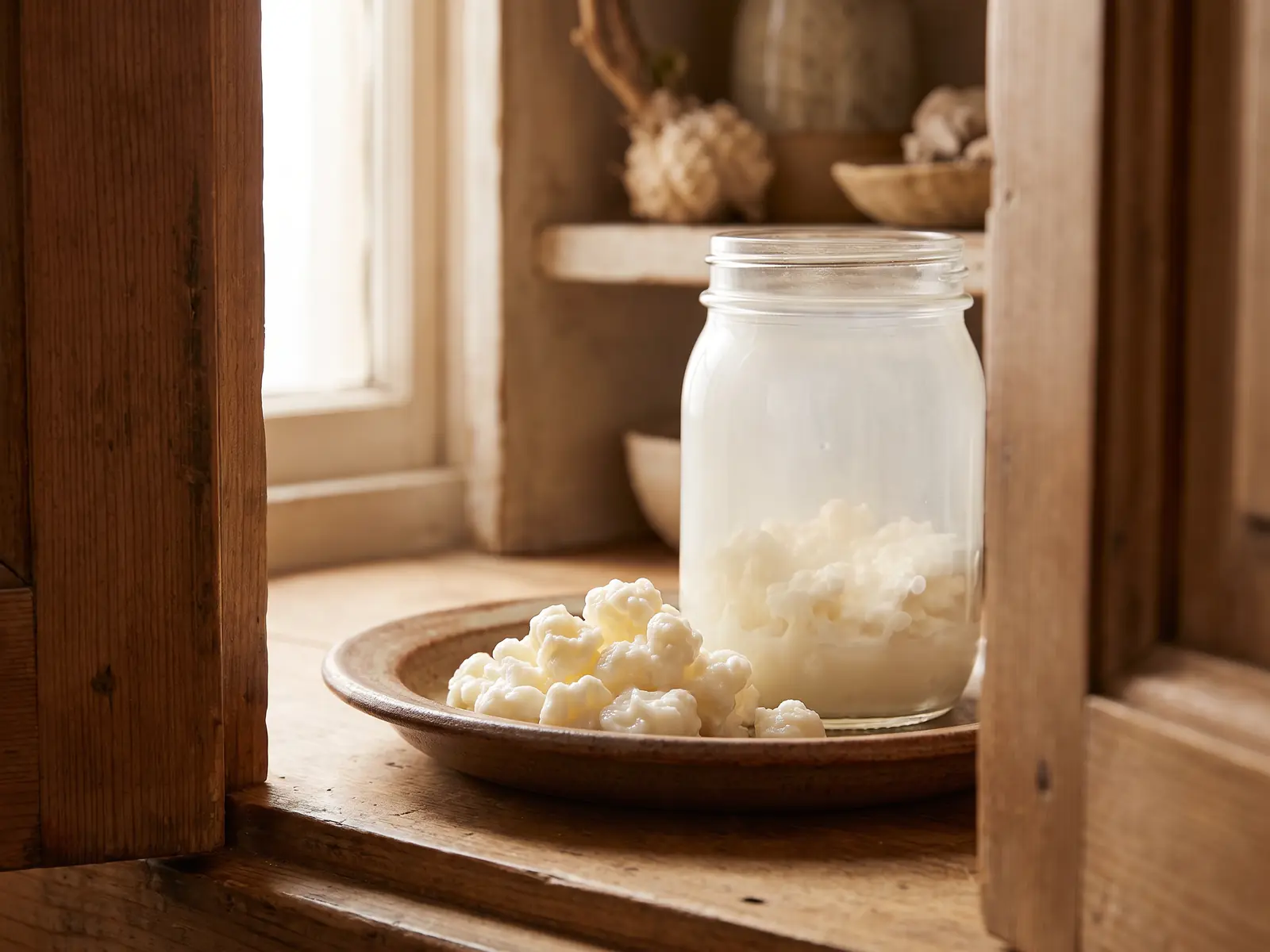 latte kefir a colazione Barattolo di kefir di latte su un piatto, con grani visibili e luce calda da una credenza socchiusa