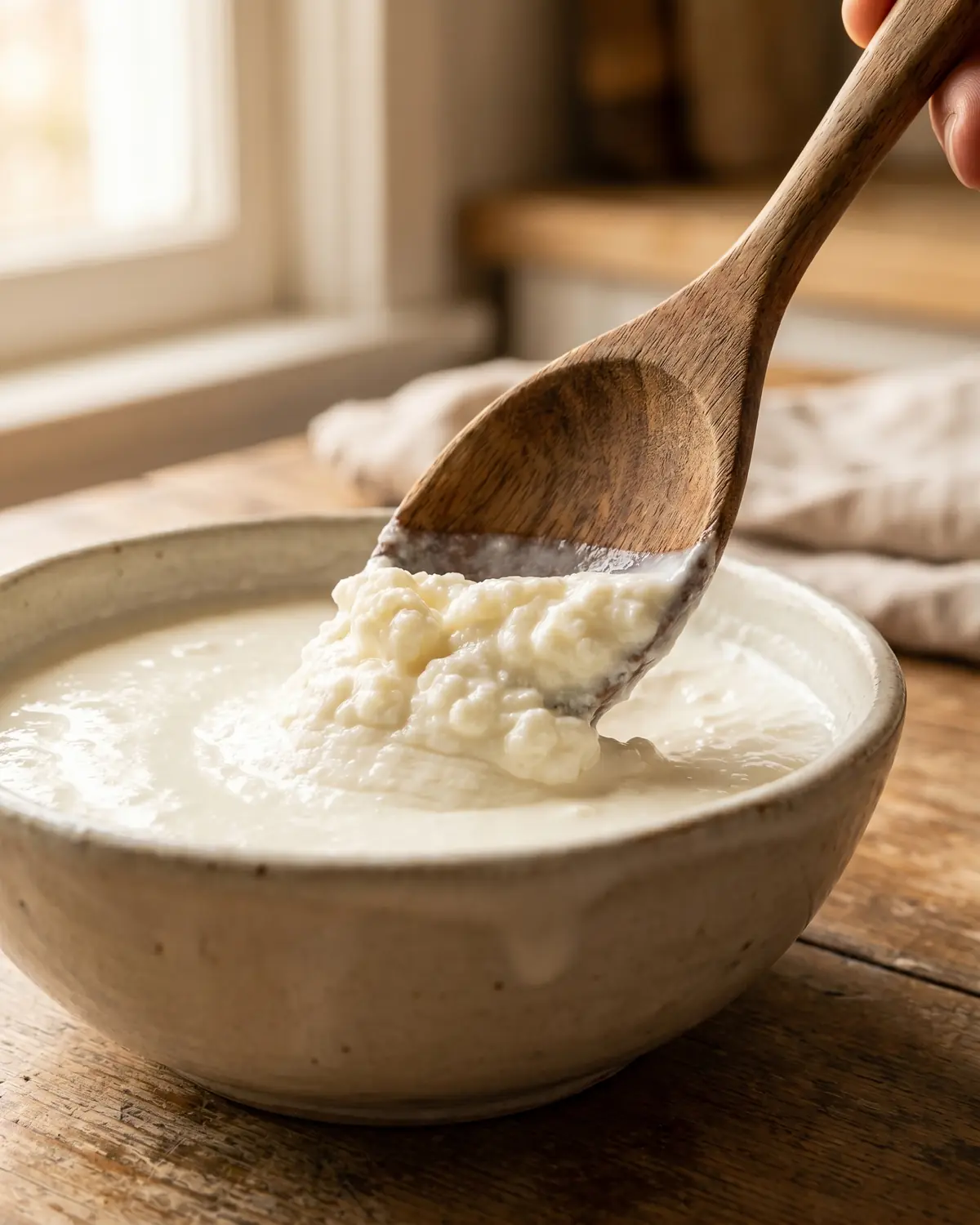 comprare granuli di kefir Cucchiaio di legno che attraversa una ciotola di kefir compatto con bordo cremoso in primo piano.